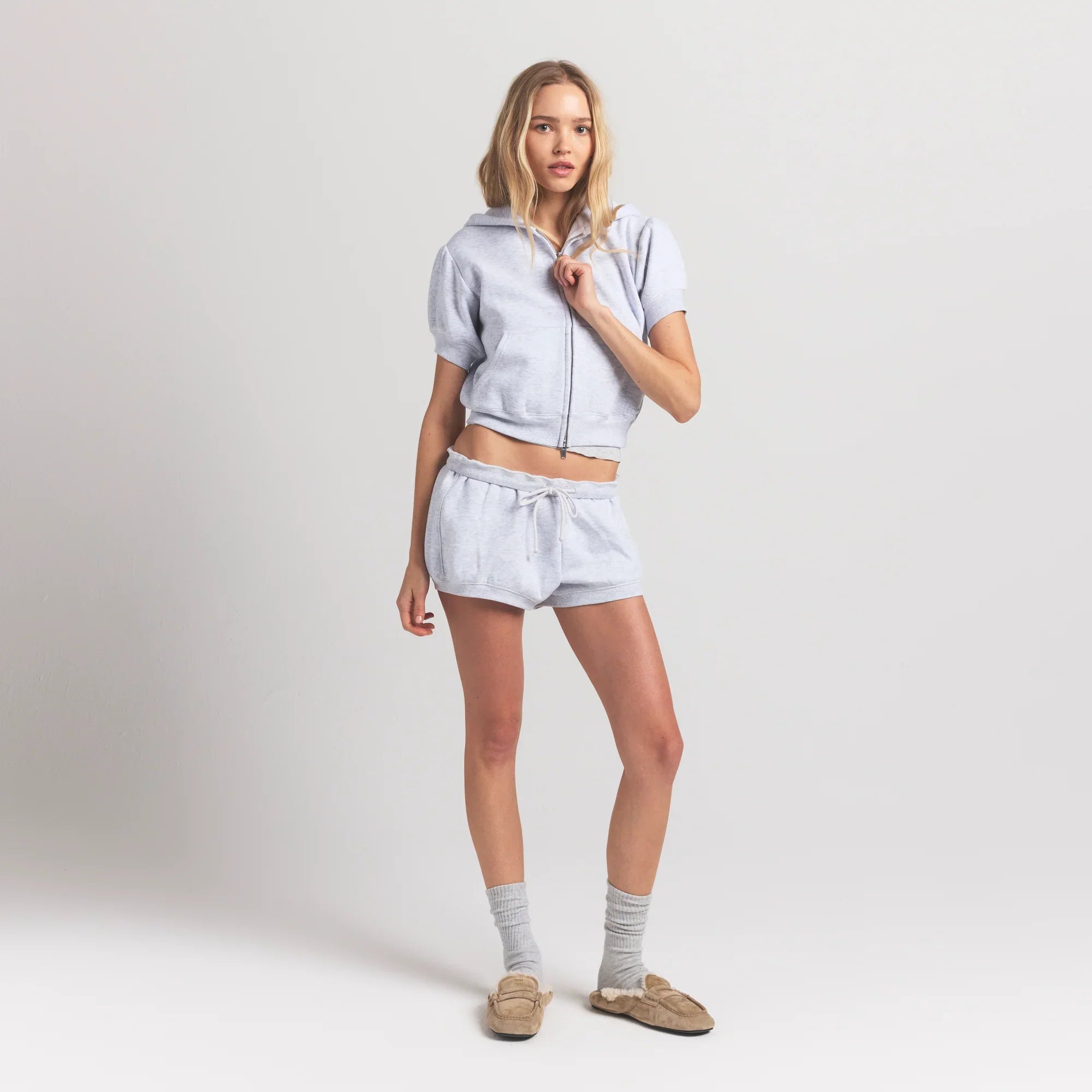 SKIMS COTTON FLEECE BUBBLE SLEEVE CROPPED ZIP UP | LIGHT HEATHER GREY - Sneaker Türkiye