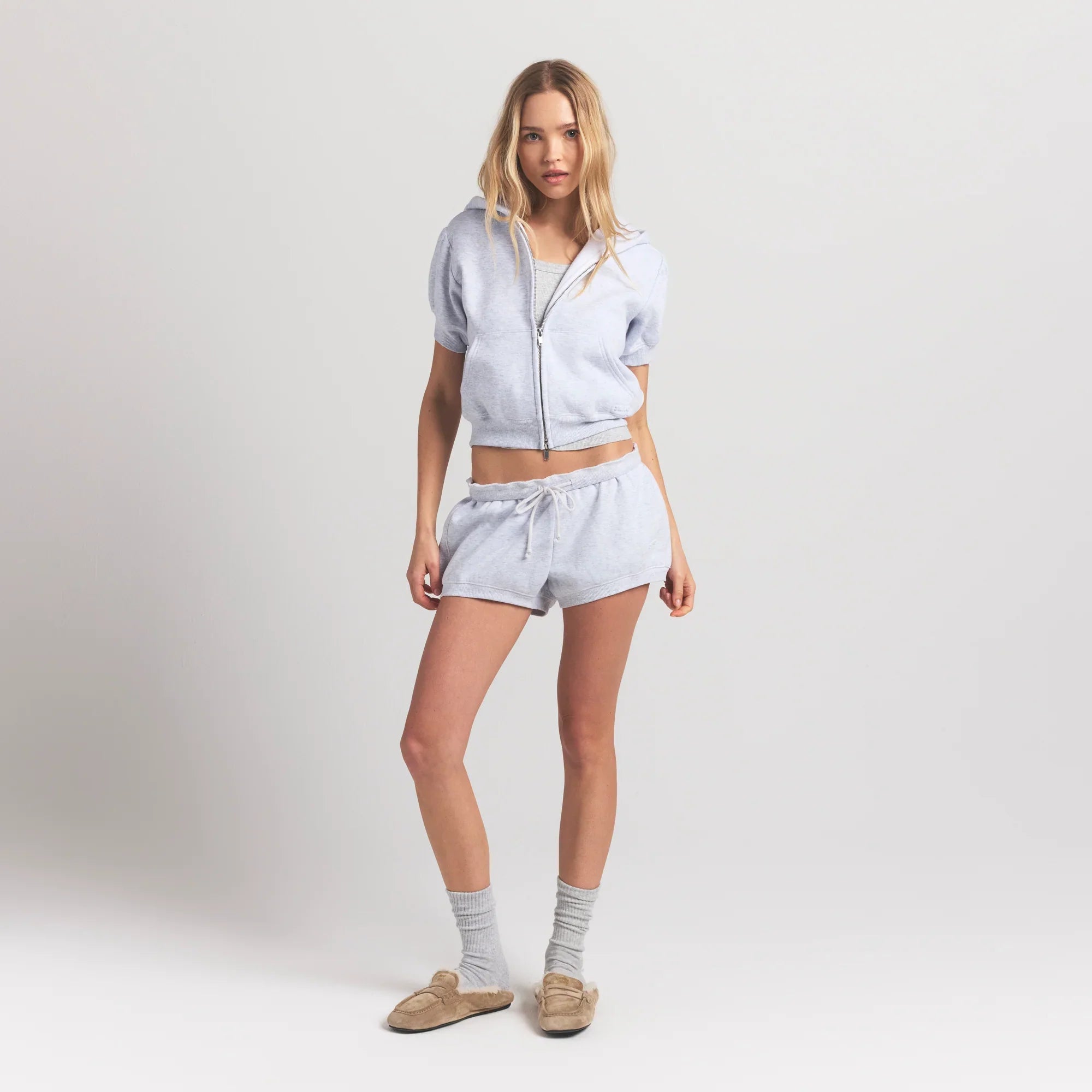 SKIMS COTTON FLEECE BUBBLE SLEEVE CROPPED ZIP UP | LIGHT HEATHER GREY - Sneaker Türkiye