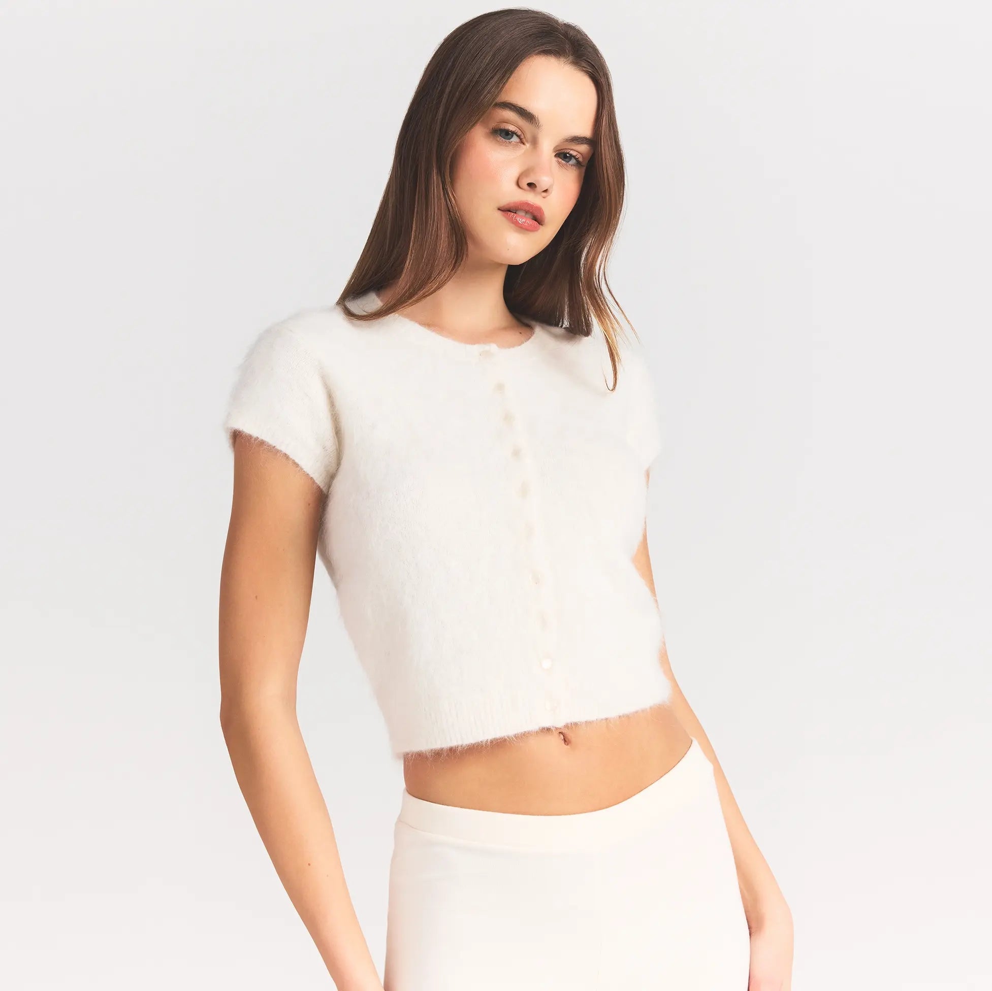 SKIMS BRUSHED ALPACA SHORT SLEEVE CARDIGAN | EGRET - Sneaker Türkiye