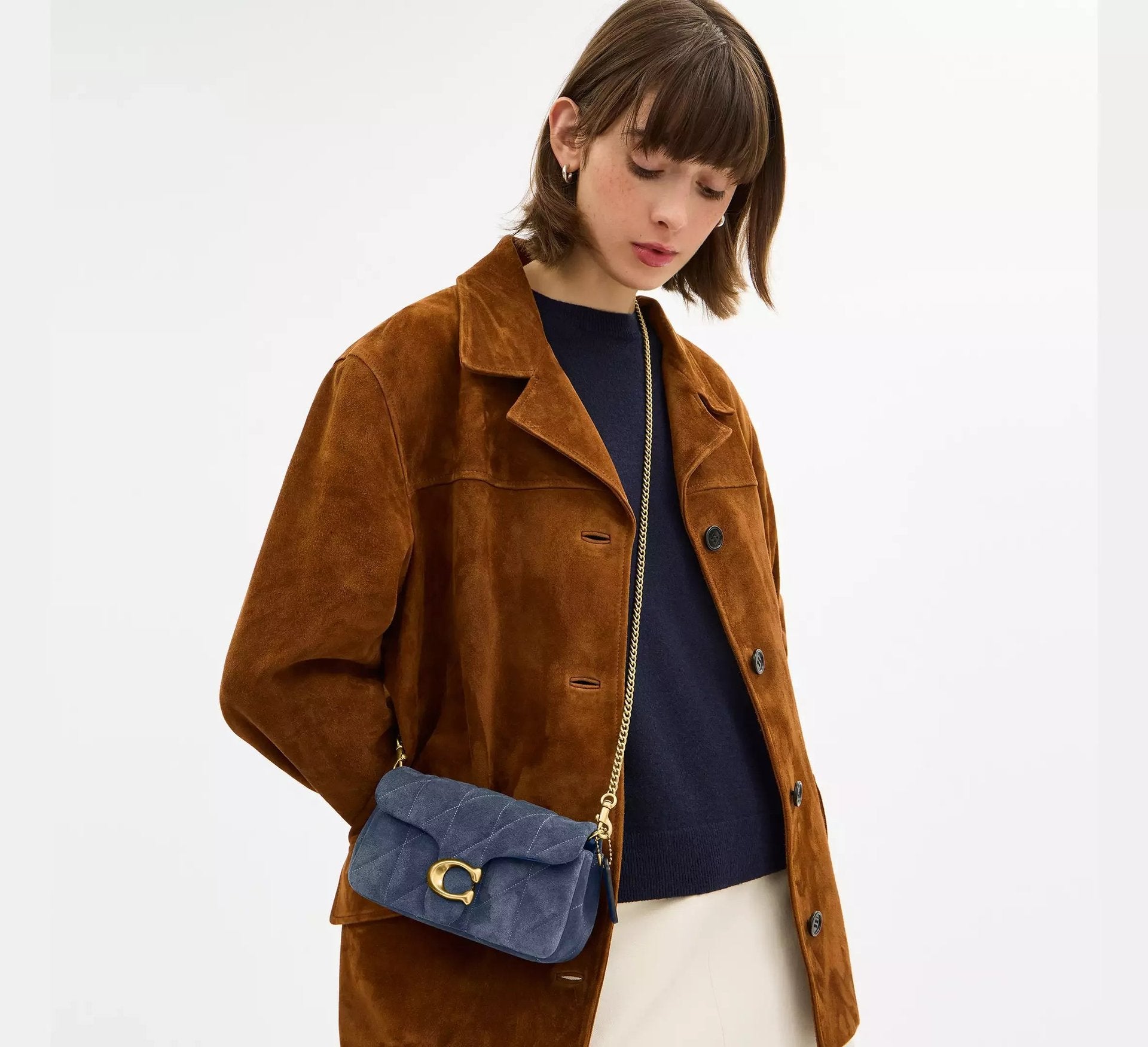 Coach Tabby Chain Crossbody Bag 19 With Quilting – Suede/Brass/Light Denim - Sneaker Türkiye