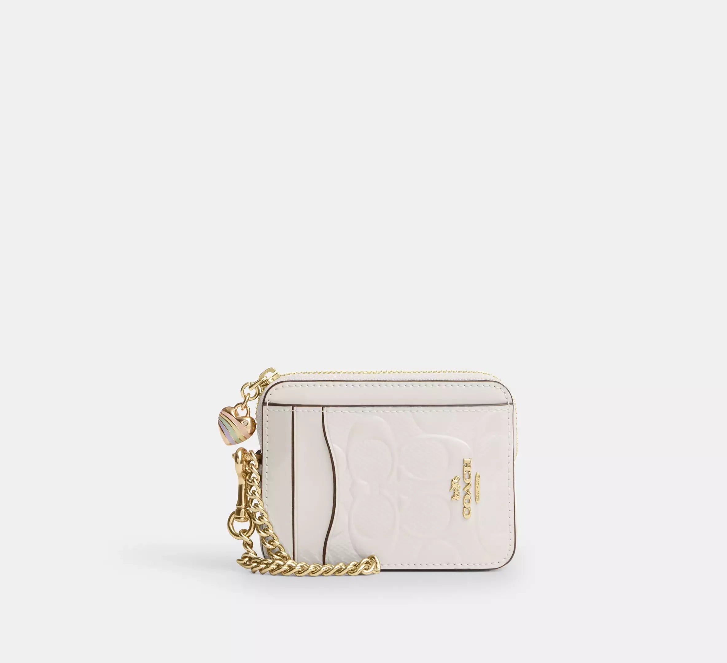 Coach Zip Card Case In Signature Leather With Heart Charm – Gold/Chalk - Sneaker Türkiye