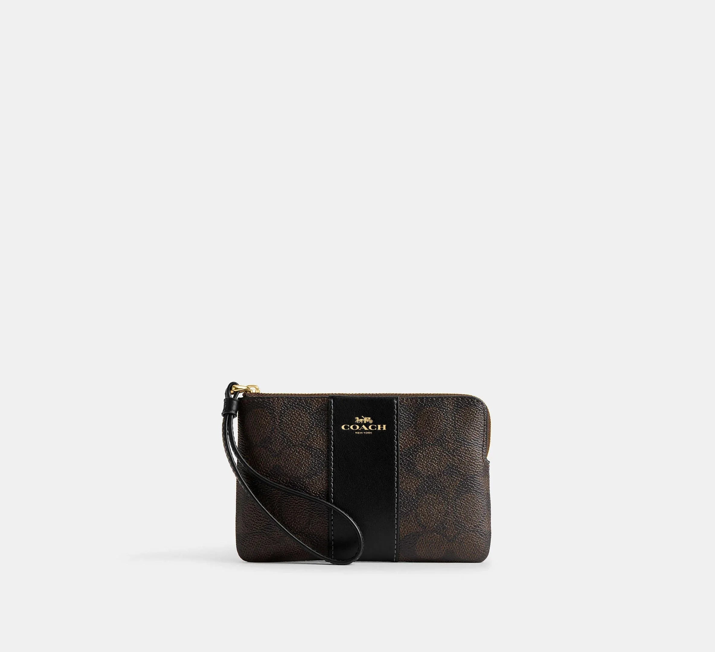 Coach Corner Zip Wristlet In Signature With Stripe – Gold/Walnut/Black - Sneaker Türkiye
