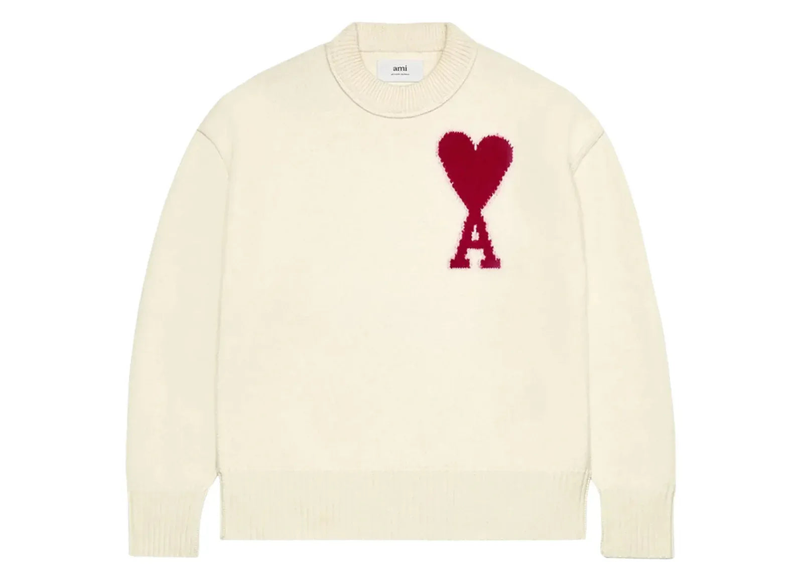 Ami Paris Ami De Coeur Felted Merino Wool Sweater Off White/Red - Sneaker Türkiye