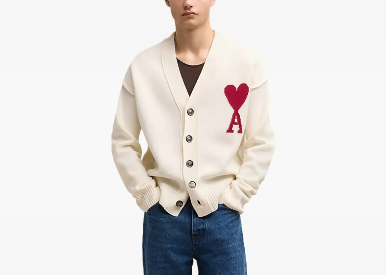 Ami Paris Ami De Coeur Wool Cardigan Cream White - Sneaker Türkiye