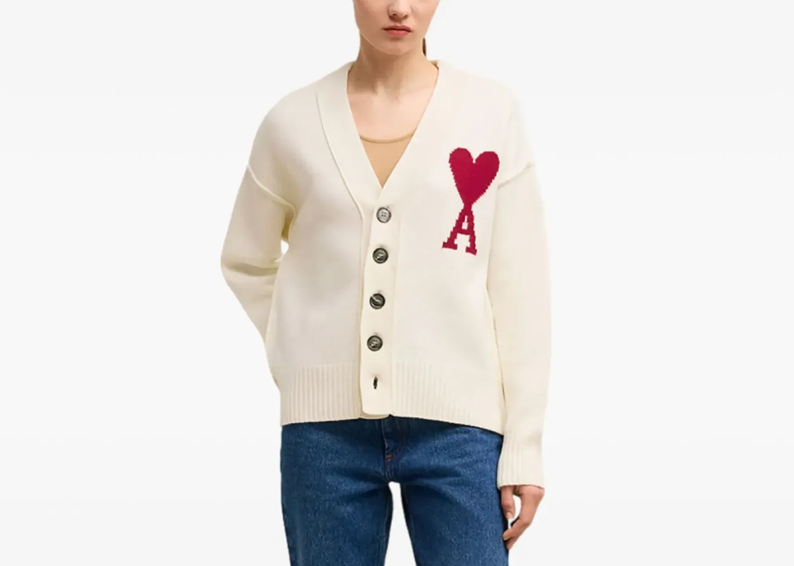 Ami Paris Ami De Coeur Wool Cardigan Cream White - Sneaker Türkiye