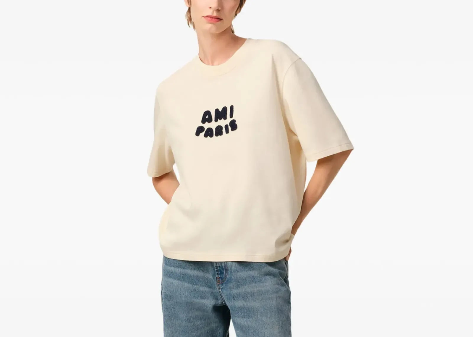 Ami Paris Logo Patch T-Shirt Light Beige - Sneaker Türkiye