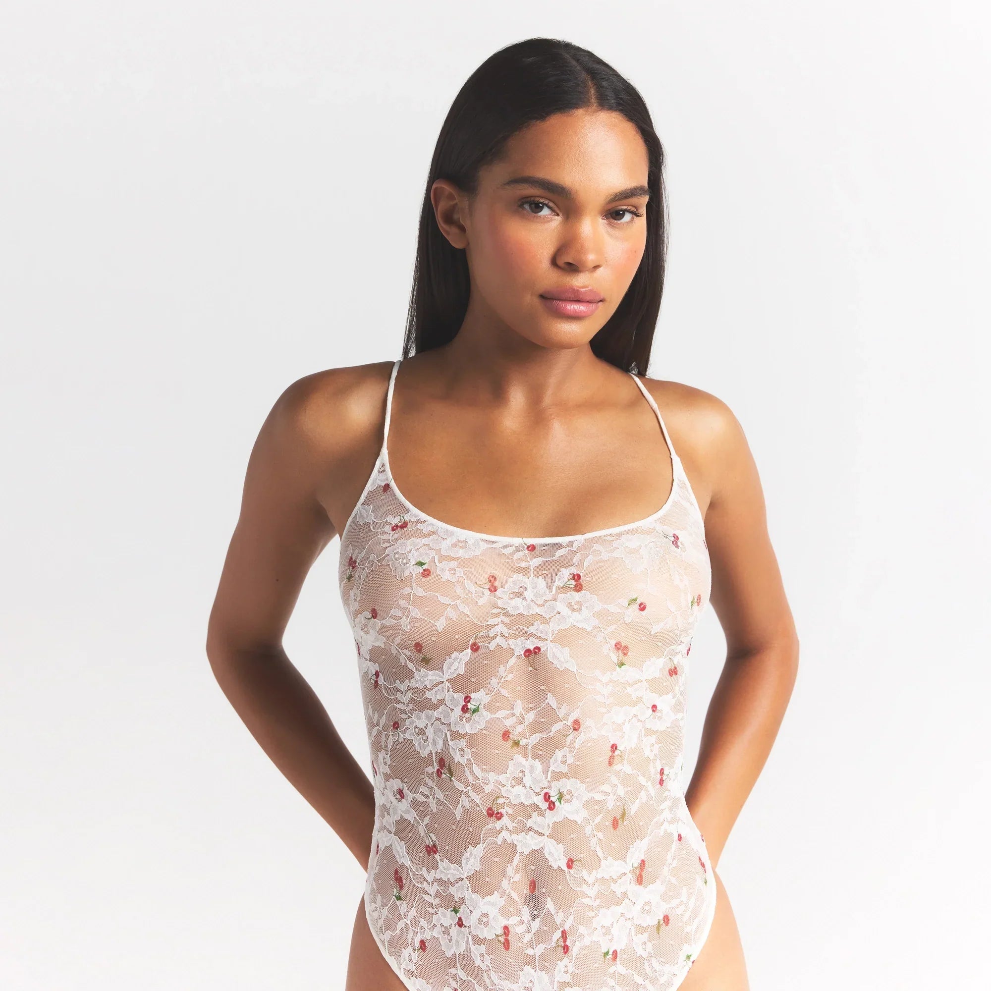SKIMS STRETCH LACE SCOOP NECK BODYSUIT | IVORY CHERRY PRINT - Sneaker Türkiye