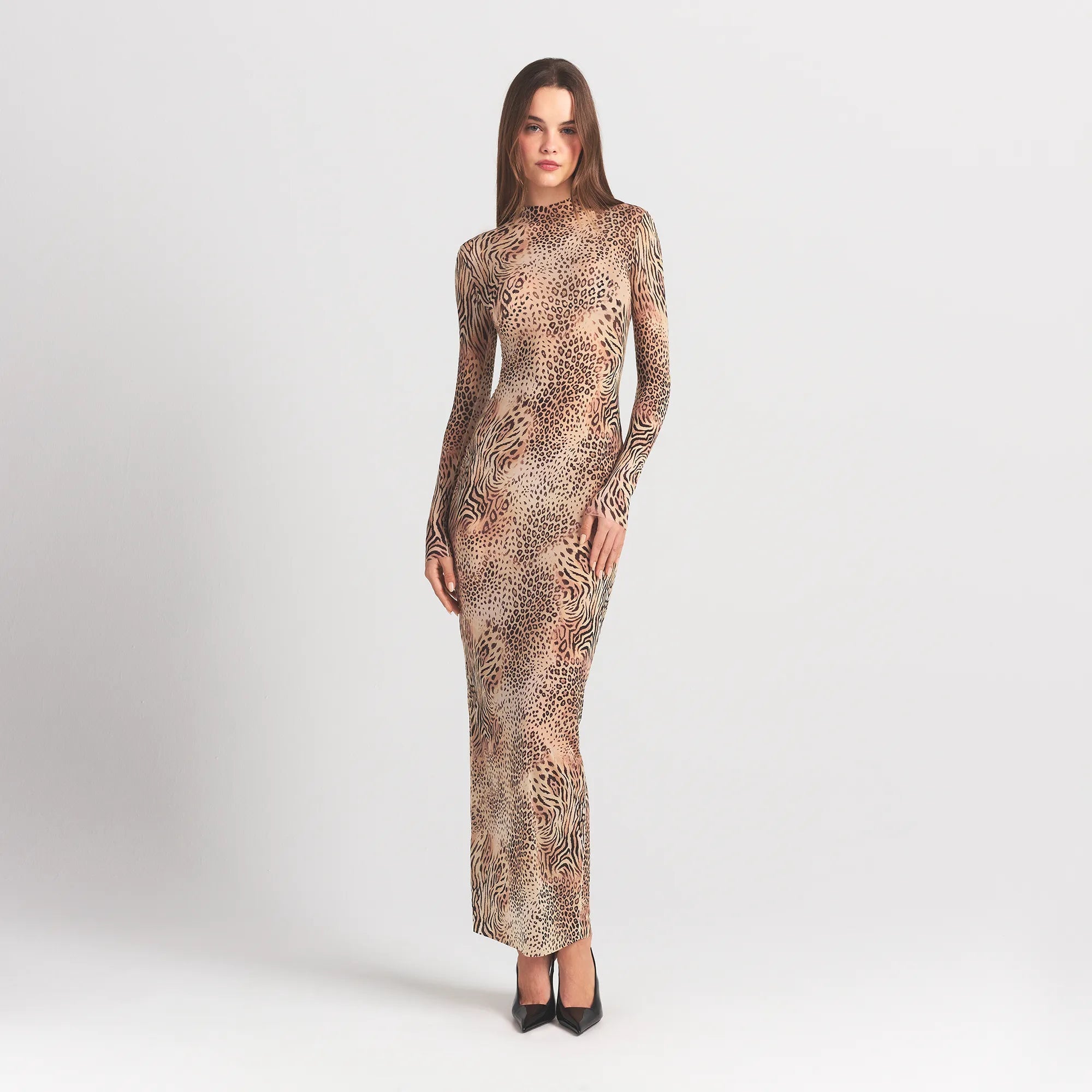 SKIMS MILKY SHEER MOCK NECK LONG SLEEVE LONG DRESS | SAND MULTI ANIMAL - Sneaker Türkiye