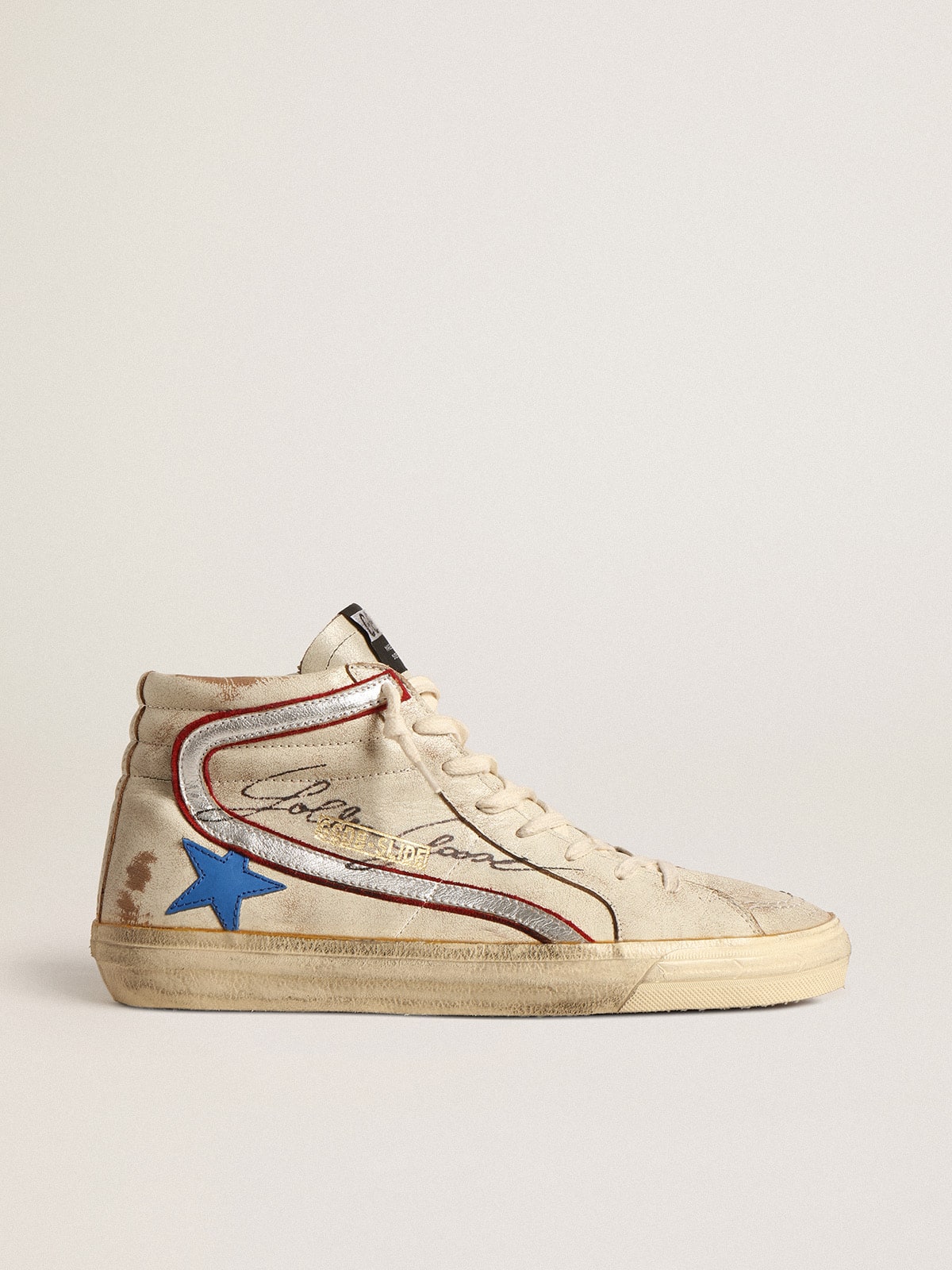 Golden Goose Men’s Slide With Light Blue Leather Star And Metallic Silver Leather Flash - Sneaker Türkiye