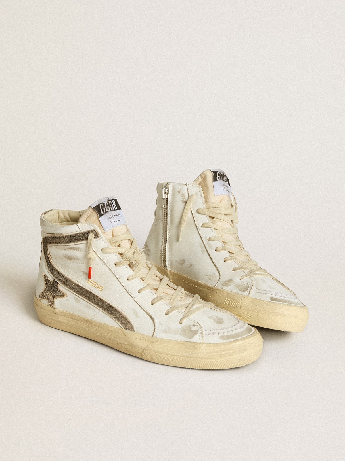 Golden Goose Men’s Slide LAB In White Leather With Star And Flash In Brown Suede - Sneaker Türkiye