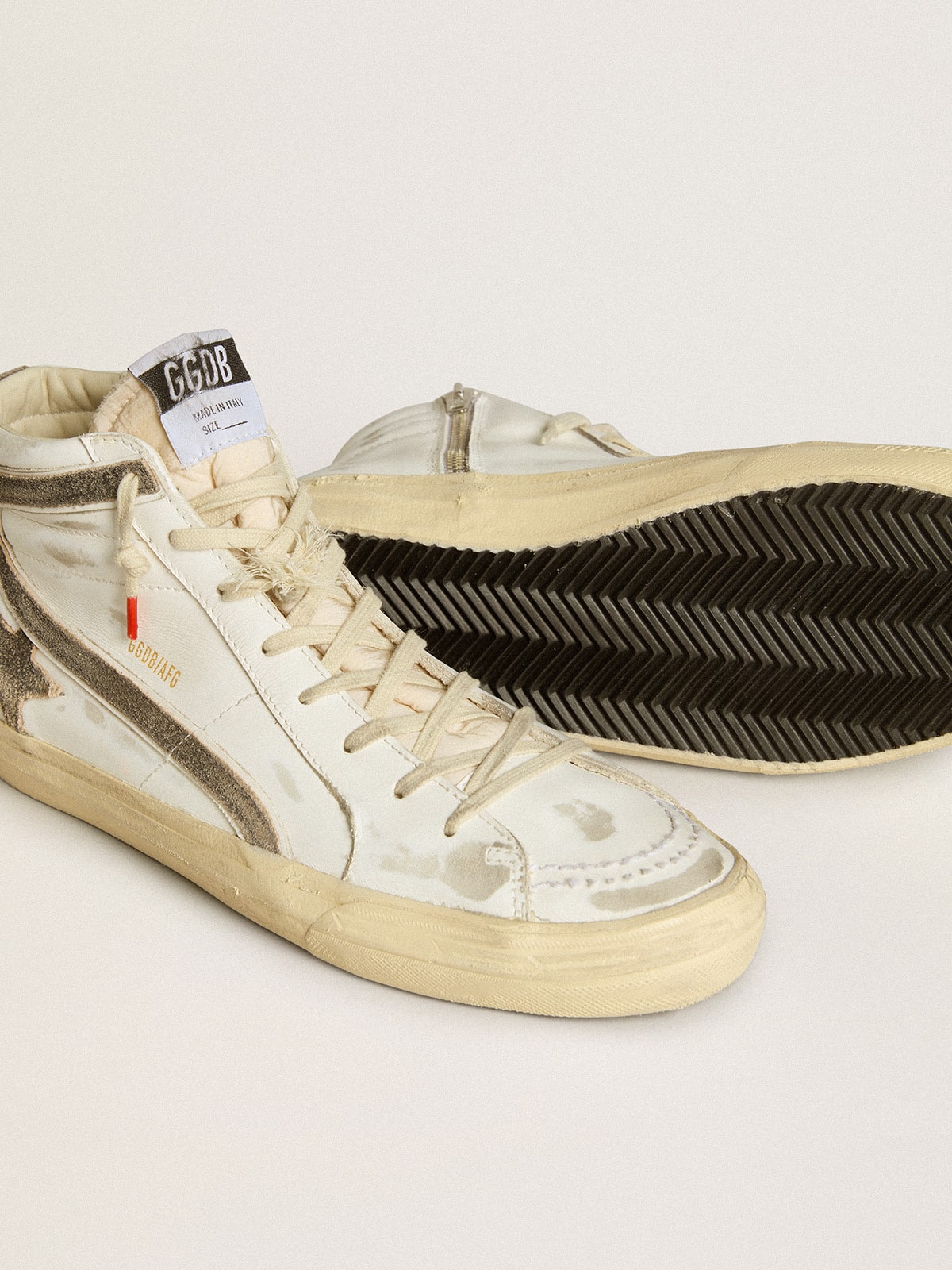 Golden Goose Men’s Slide LAB In White Leather With Star And Flash In Brown Suede - Sneaker Türkiye
