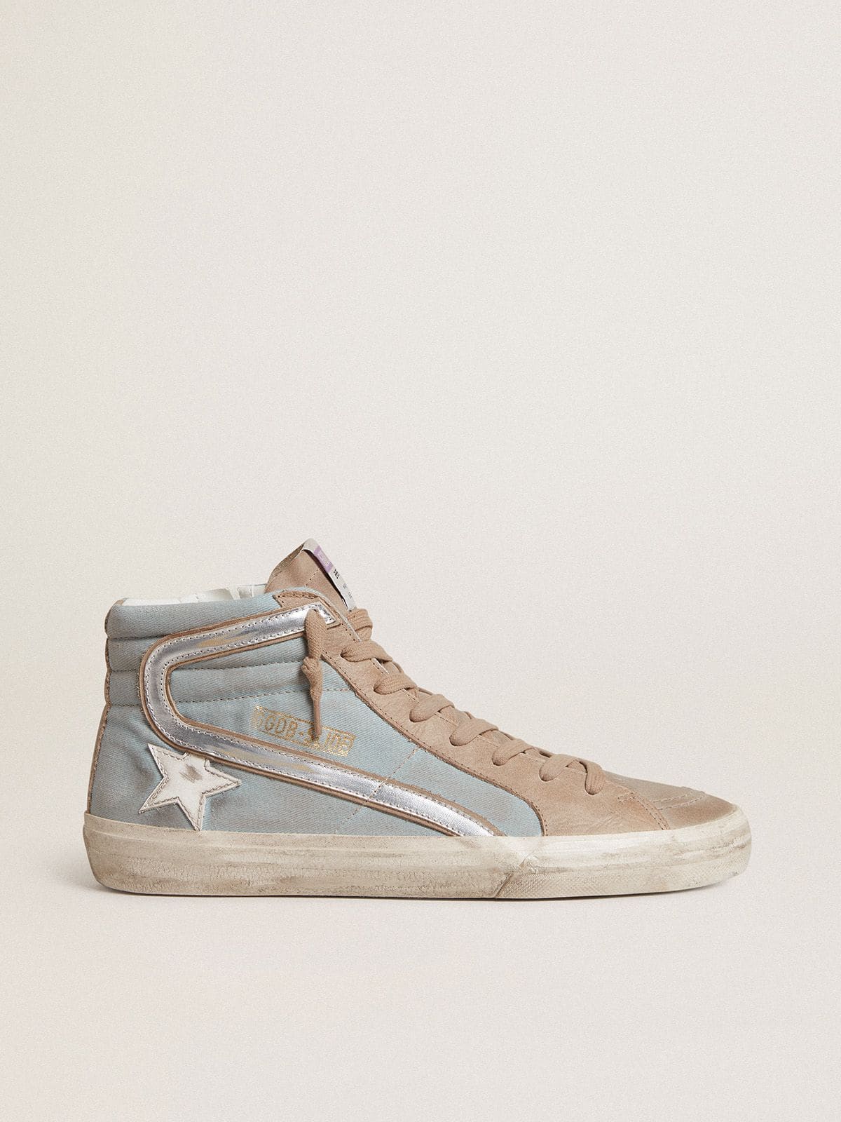 Golden Goose Men’s Slide In Light Blue Canvas With Silver Metallic Leather Flash - Sneaker Türkiye