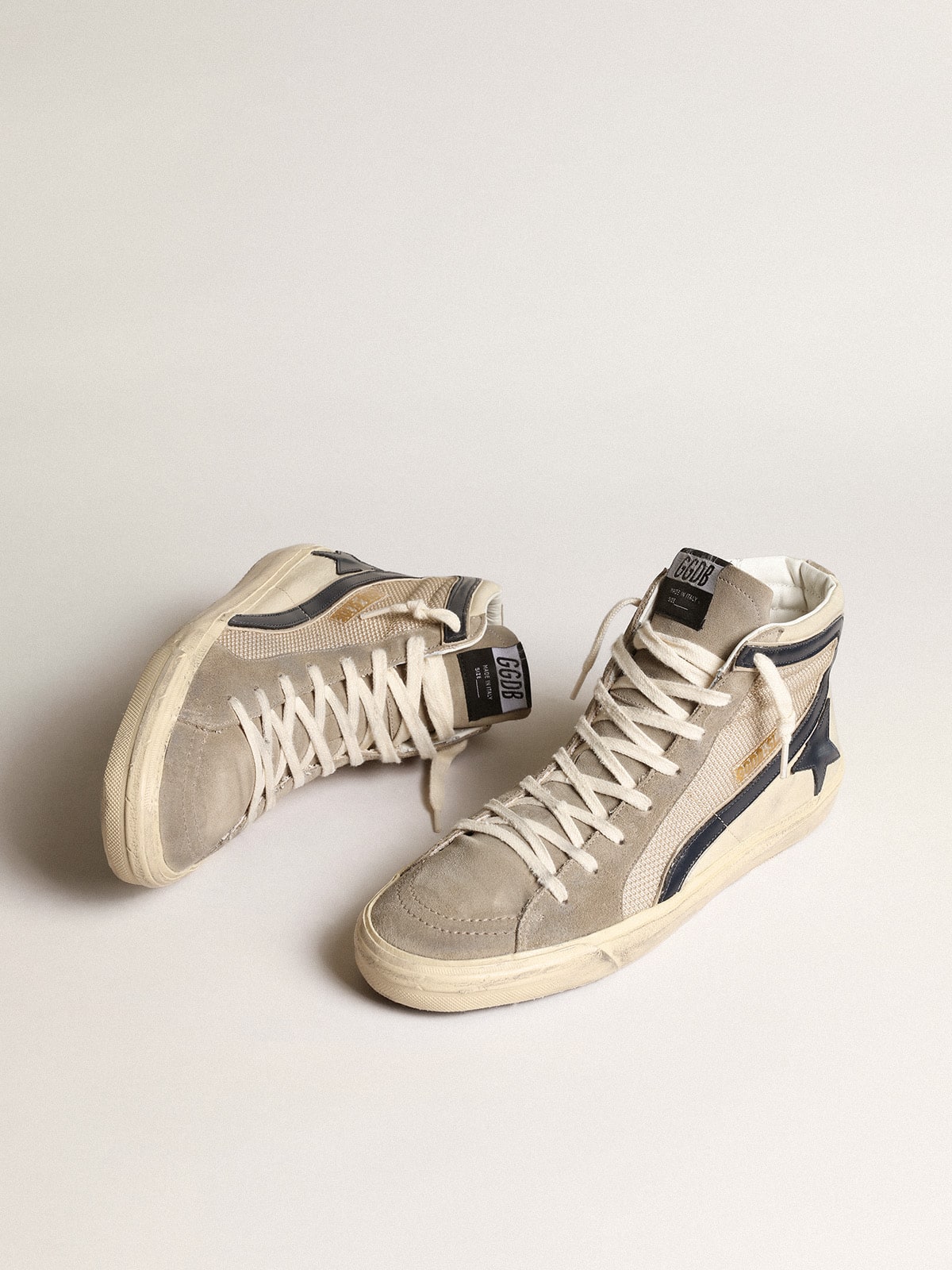 Golden Goose Slide In Beige Mesh And Nylon With Blue Leather Star And Flash - Sneaker Türkiye
