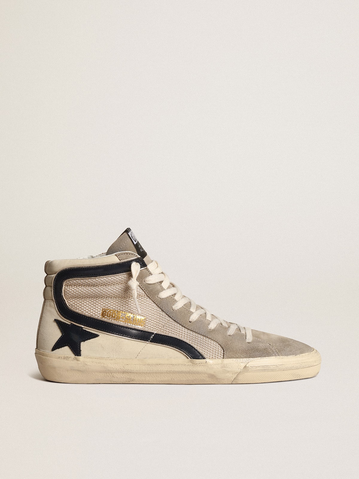 Golden Goose Slide In Beige Mesh And Nylon With Blue Leather Star And Flash - Sneaker Türkiye