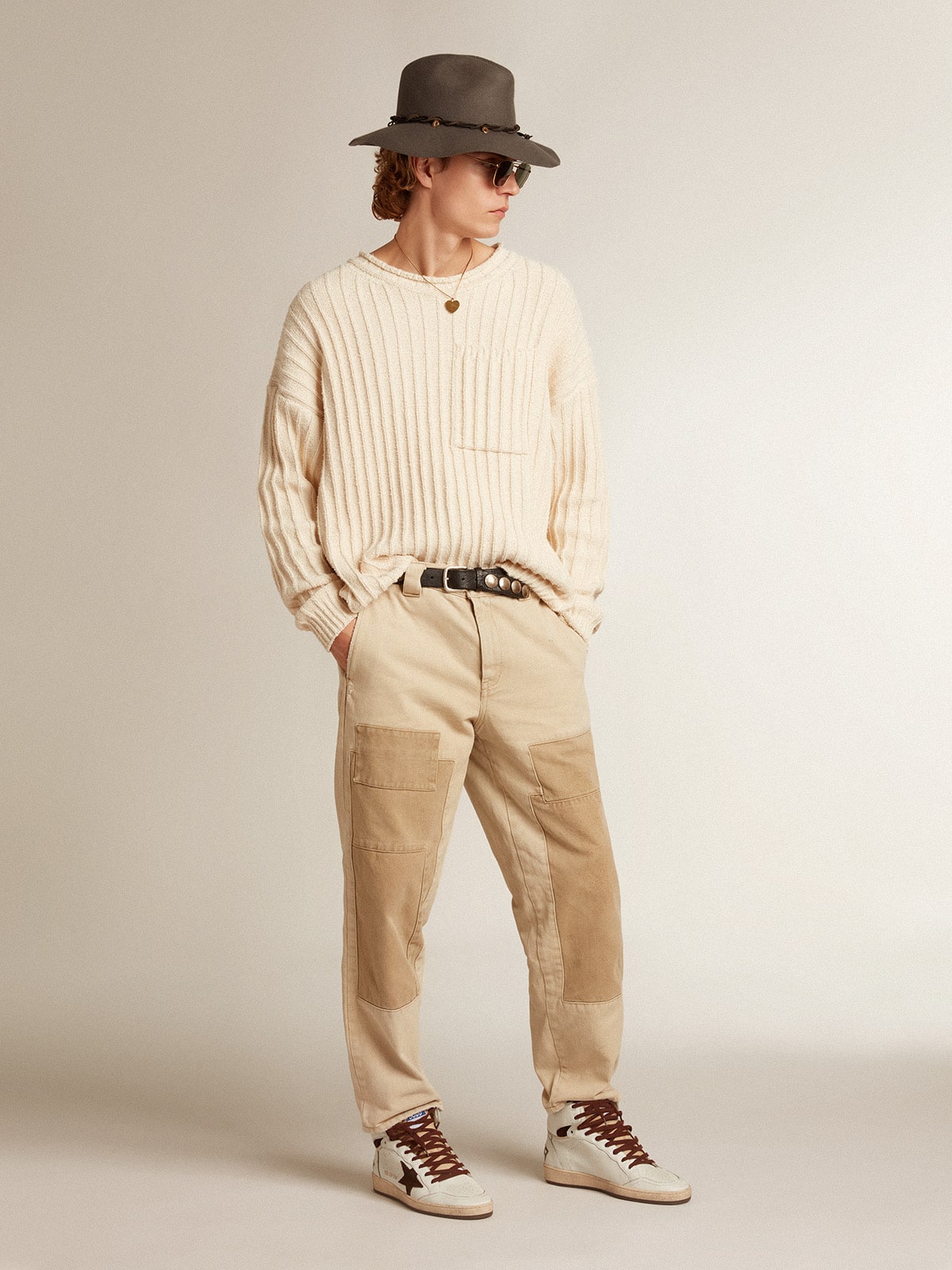Golden Goose Men’s Sky-Star In White Nappa Leather With A Chocolate Suede Star - Sneaker Türkiye