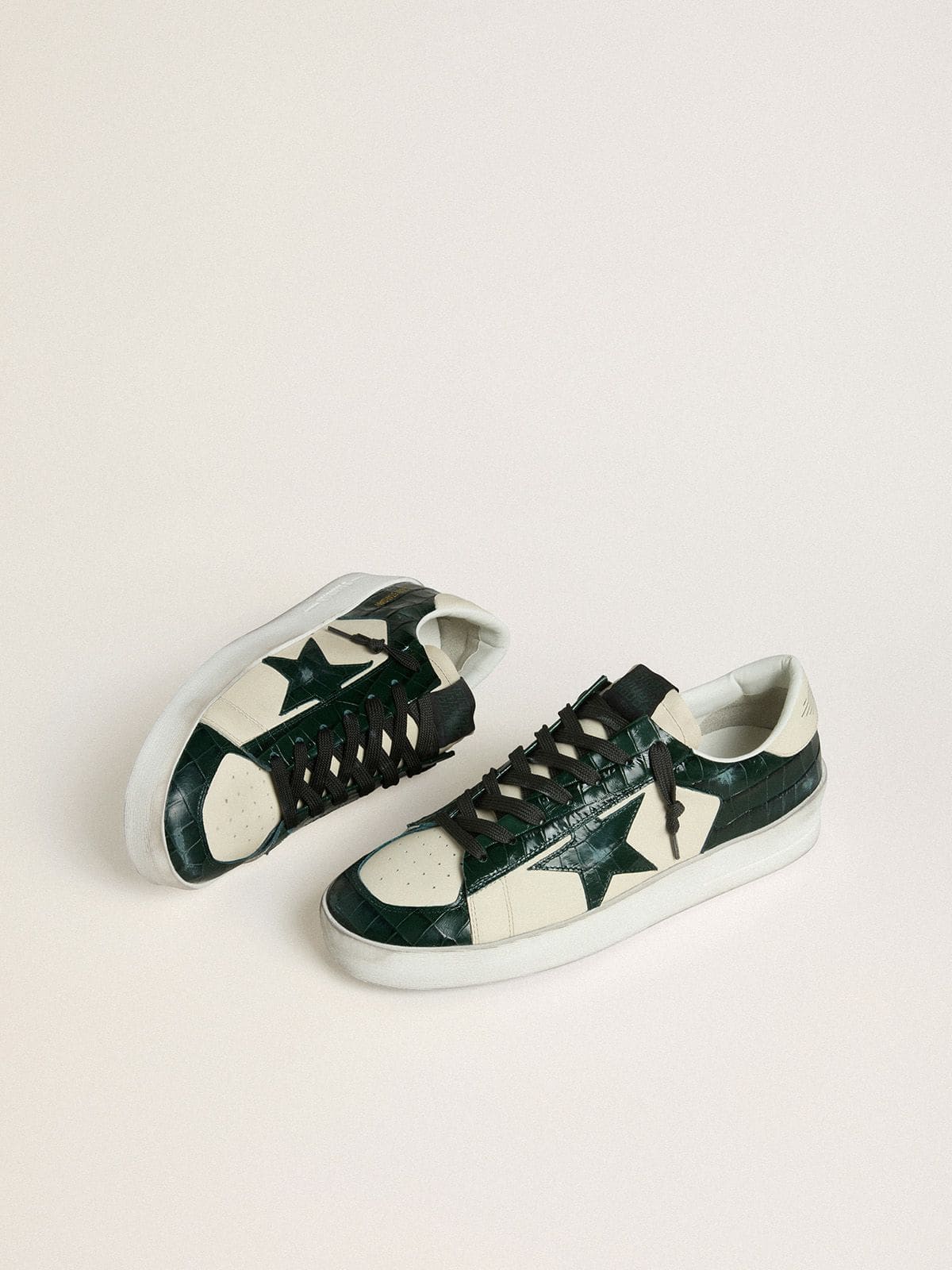 Golden Goose Men’s Stardan LTD In Cream Leather With Green Crocodile-Print Leather Star And Inserts - Sneaker Türkiye