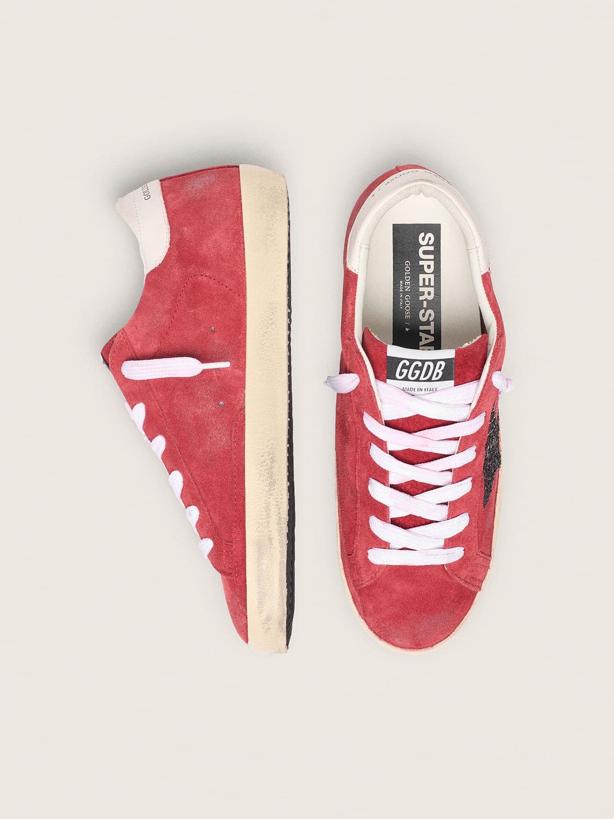 Golden Goose Women’s Super-Star In Red Suede With Glitter Star And White Heel Tab - Sneaker Türkiye
