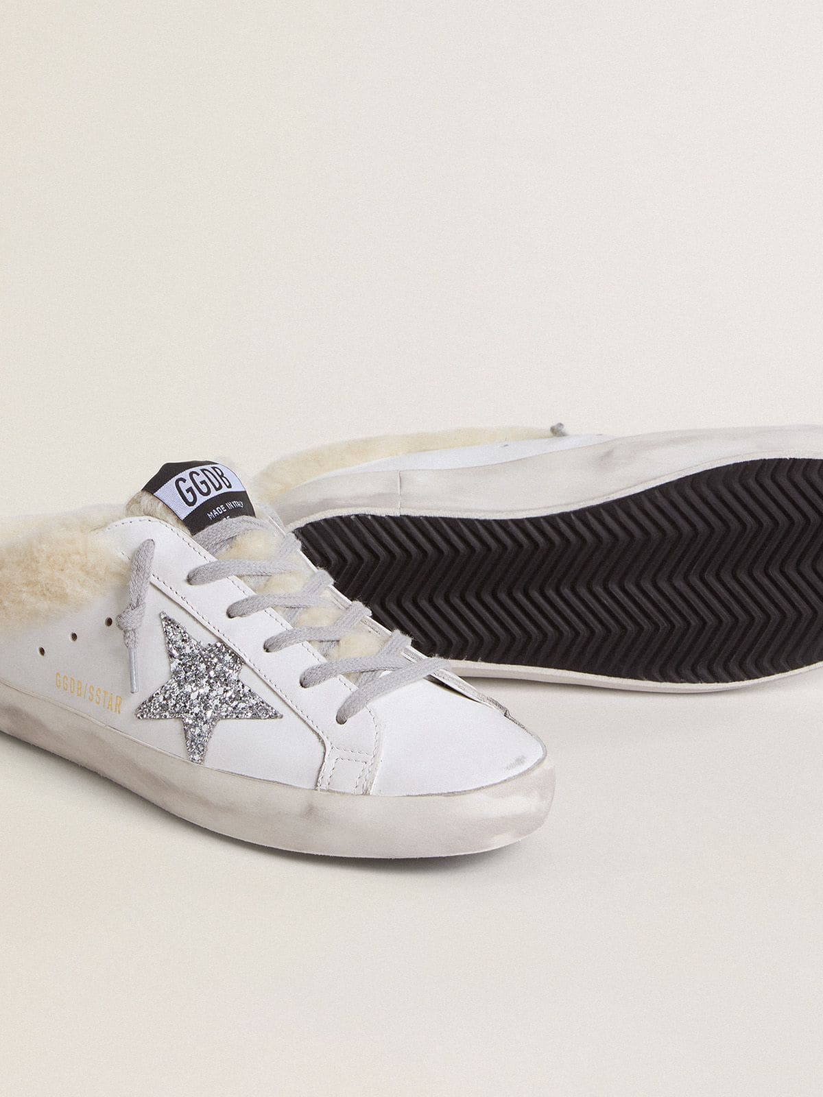 Golden Goose Super-Star Sabots In White Leather With Shearling Lining And Silver Star - Sneaker Türkiye