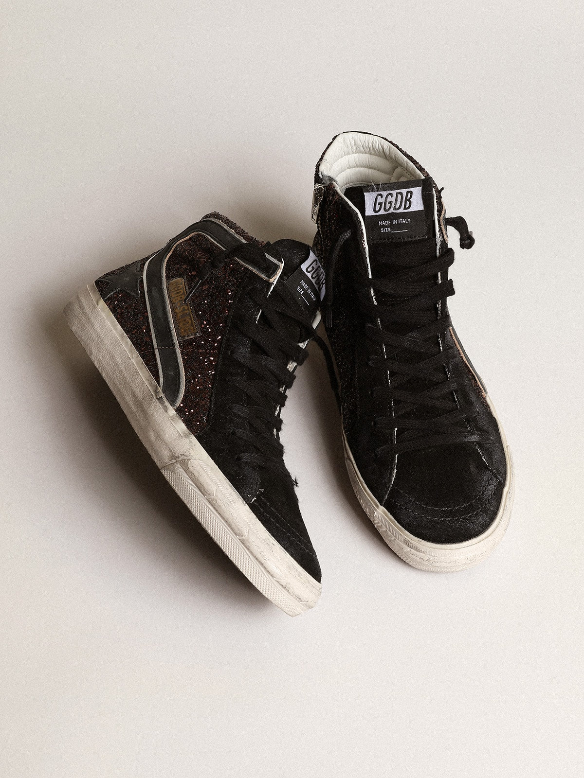 Golden Goose Slide In Brown Glitter With Black Leather Star And Flash - Sneaker Türkiye
