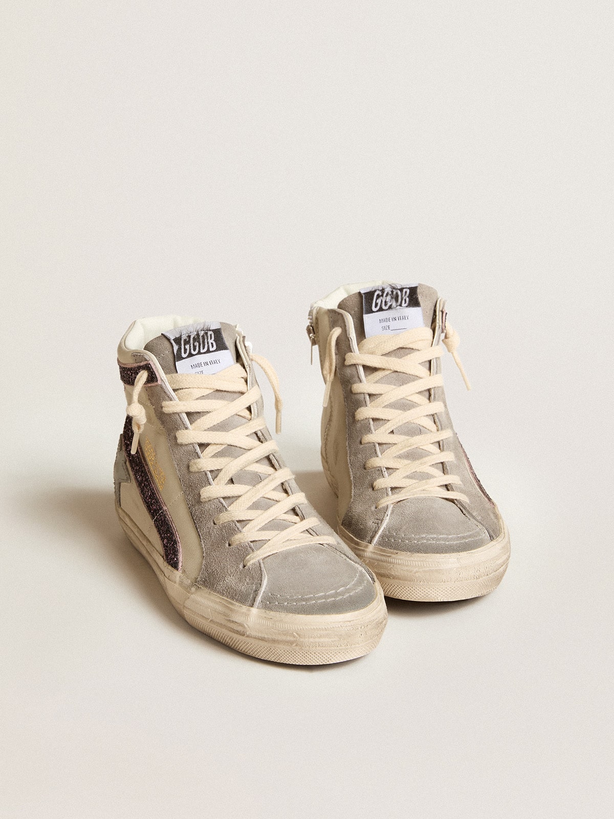 Golden Goose Slide With Gray Leather Star And Wine-Colored Glitter Flash - Sneaker Türkiye