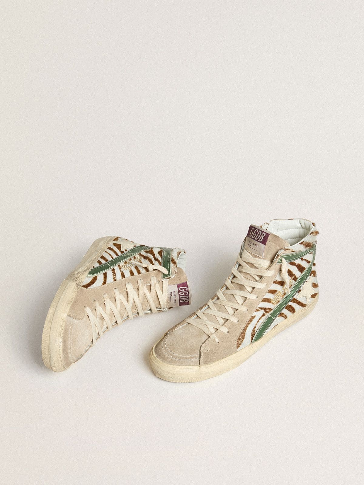 Golden Goose Women’s Slide In Zebra-Print Pony Skin With Green Laminated Leather Flash - Sneaker Türkiye