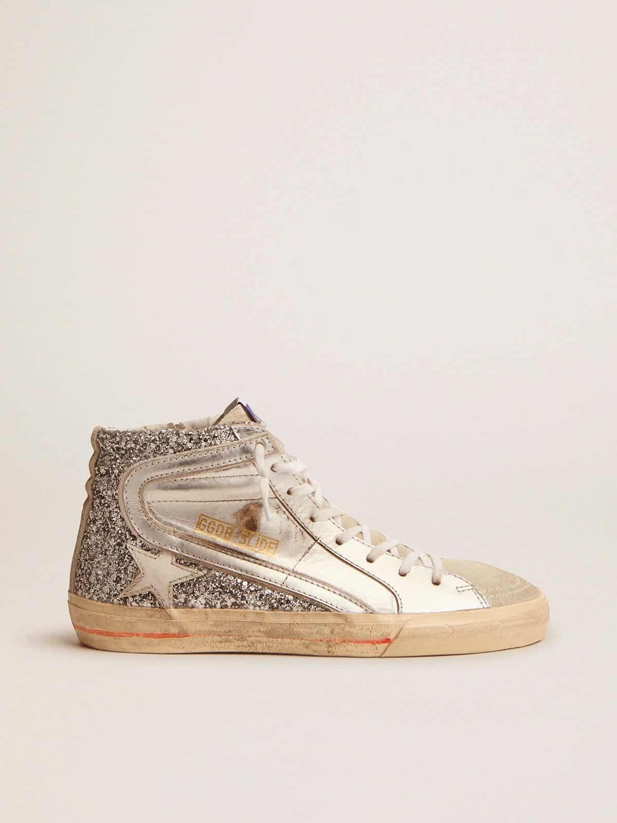 Golden Goose Women’s Slide With Laminated Leather Upper And Silver Glitter - Sneaker Türkiye