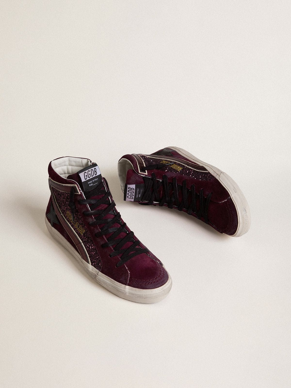 Golden Goose Women’s Slide In Black Cherry Glitter And Suede With Leather Star And Metallic Leather Flash - Sneaker Türkiye