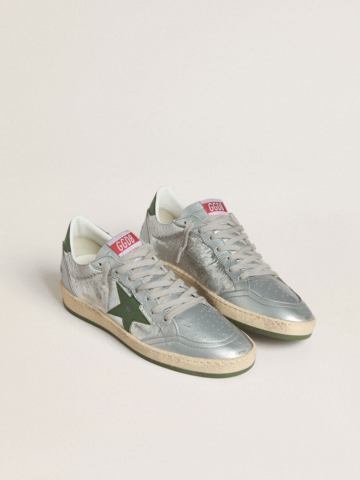 Golden Goose Women’s Ball Star In Silver Nylon With Green Leather Star And Heel Tab - Sneaker Türkiye