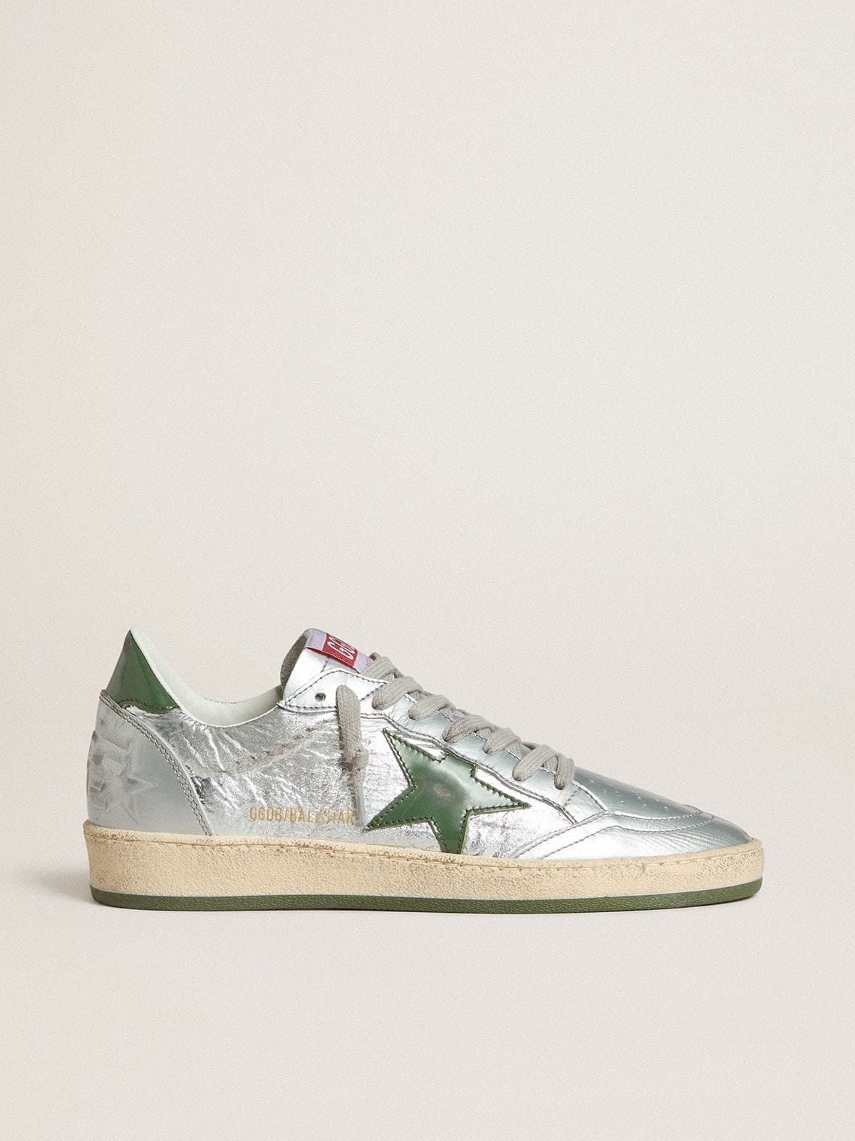 Golden Goose Women’s Ball Star In Silver Nylon With Green Leather Star And Heel Tab - Sneaker Türkiye