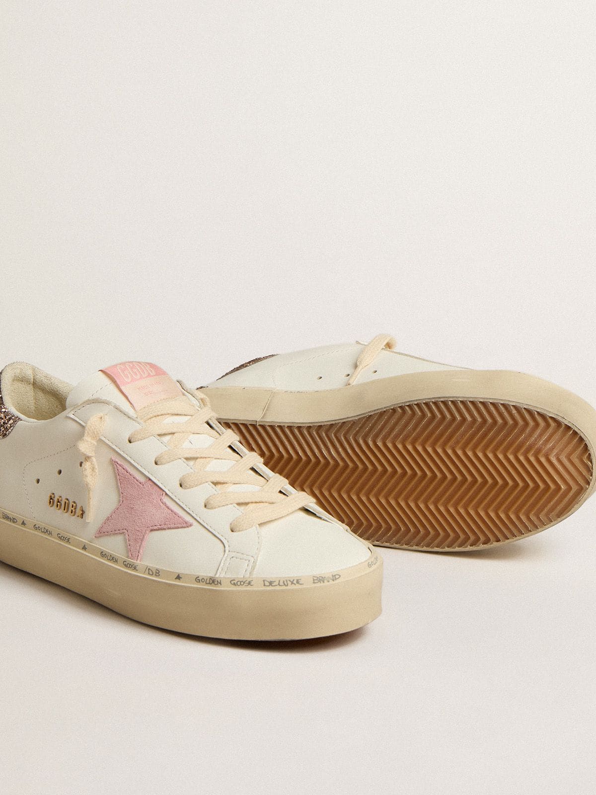 Golden Goose Hi Star In White Leather With Pink Suede Star And Pink Glitter Heel Tab - Sneaker Türkiye