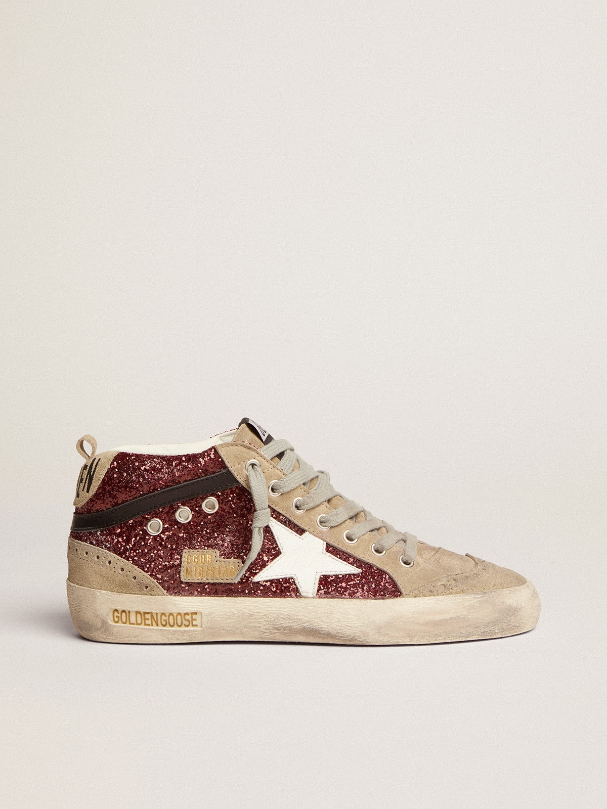 Golden Goose Women’s Mid Star In Burgundy Glitter With Gray Inserts And White Star - Sneaker Türkiye
