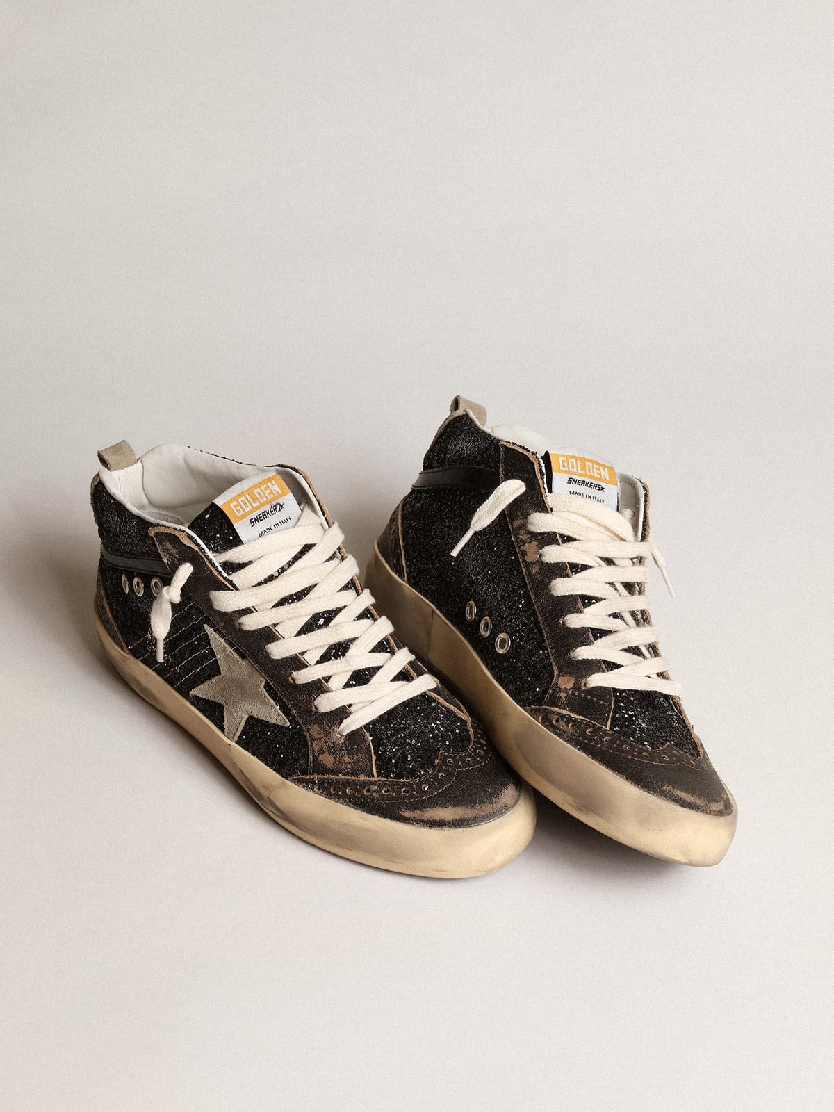 Golden Goose Women’s Mid Star In Black Glitter With Dove-Gray Suede Star And Heel Tab - Sneaker Türkiye
