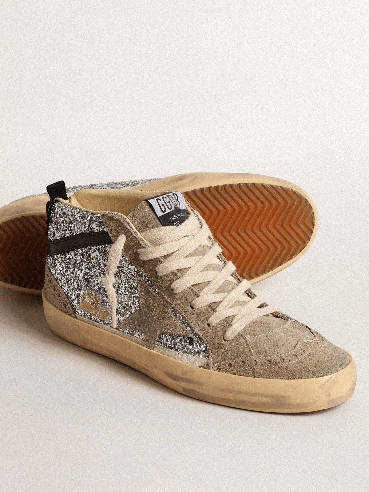Golden Goose Mid Star In Silver Glitter With Suede Star And Black Flash - Sneaker Türkiye
