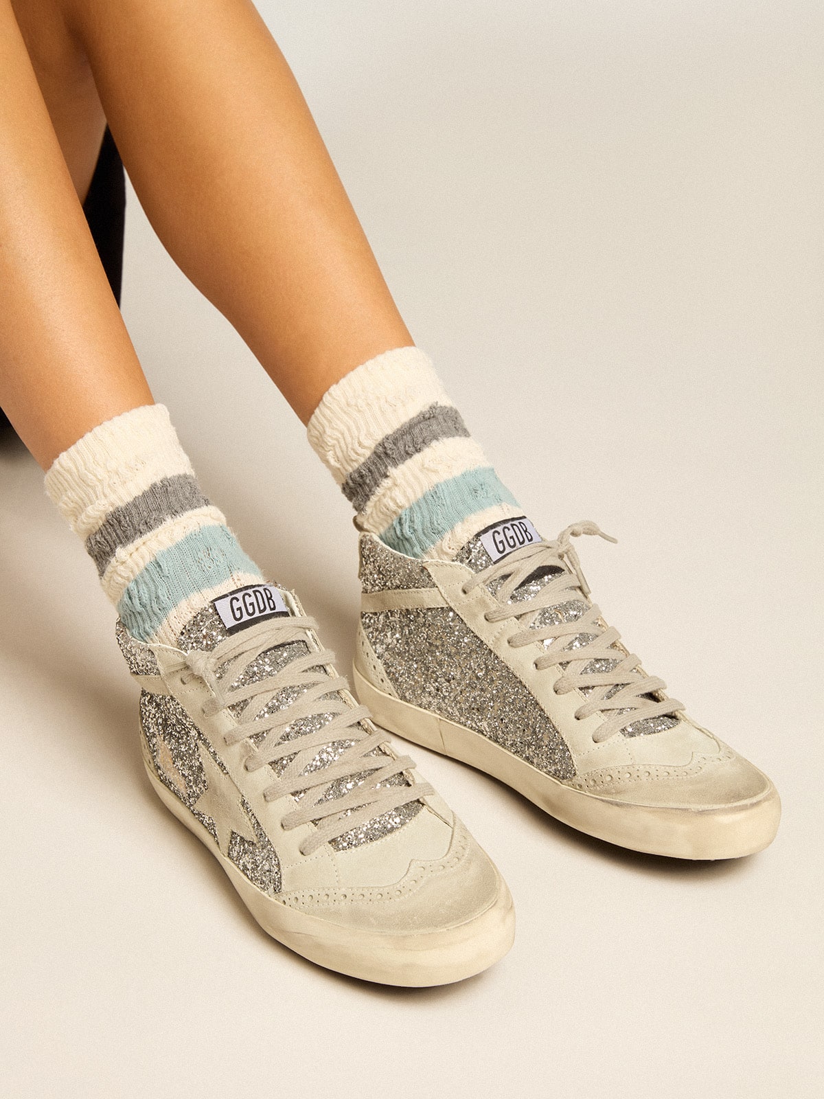 Golden Goose Mid Star In Silver Glitter With Ice-Gray Suede Star And Flash - Sneaker Türkiye