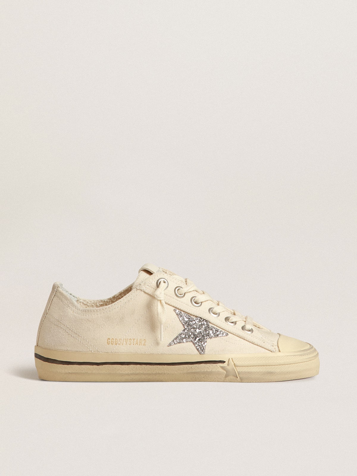 Golden Goose V-Star In Beige Canvas With A Silver Glitter Star - Sneaker Türkiye