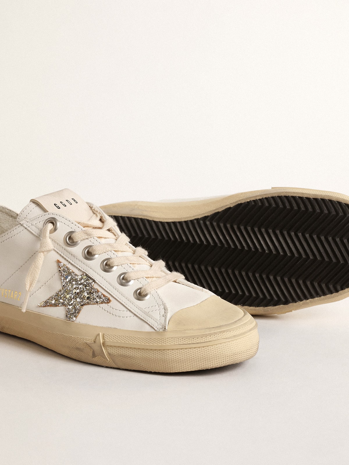 Golden Goose V-Star In White Leather With A Platinum Glitter Star - Sneaker Türkiye