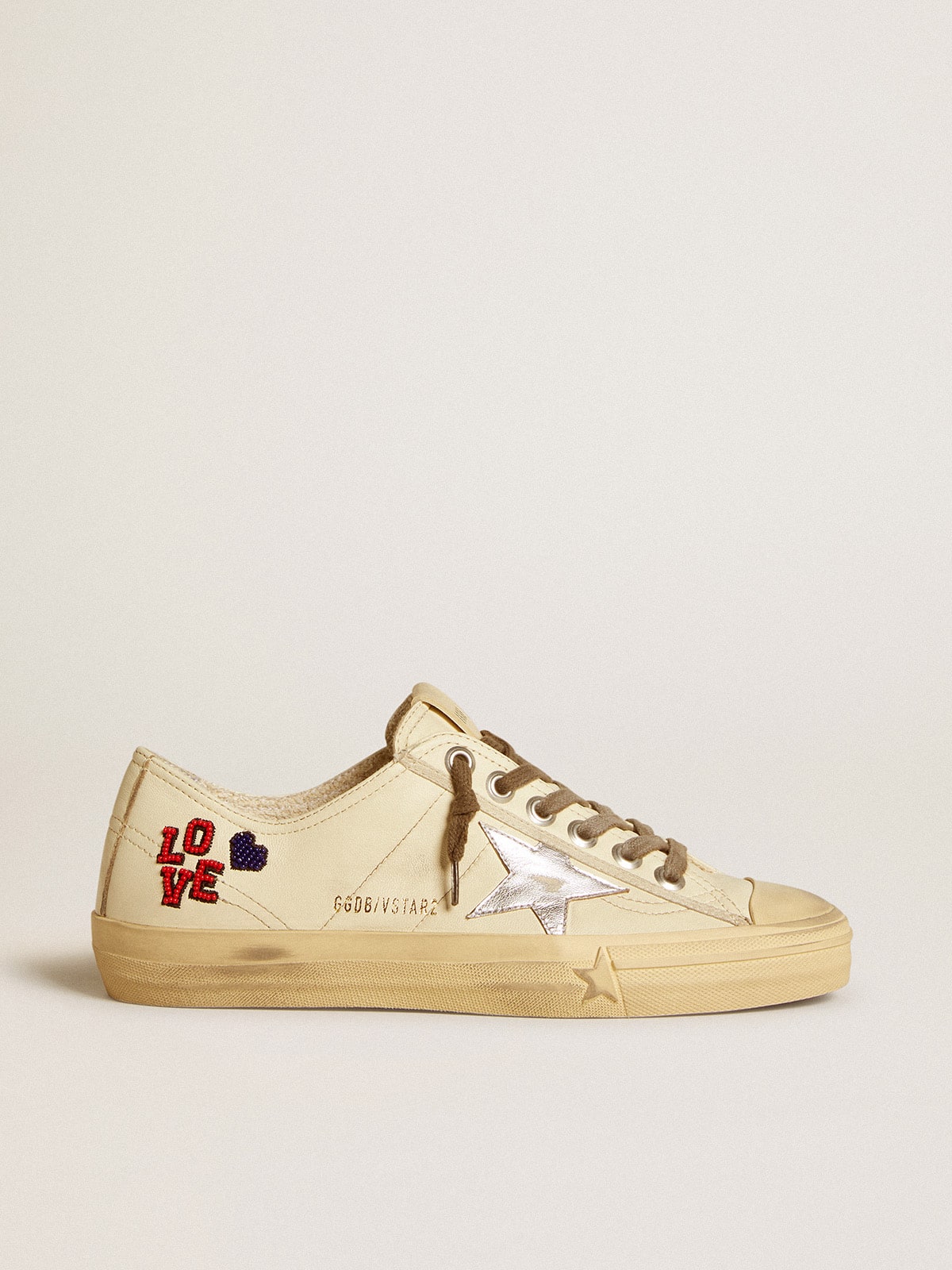 Golden Goose V-Star In Ecru Nappa With Silver Nappa Star And Beaded Embroidery - Sneaker Türkiye