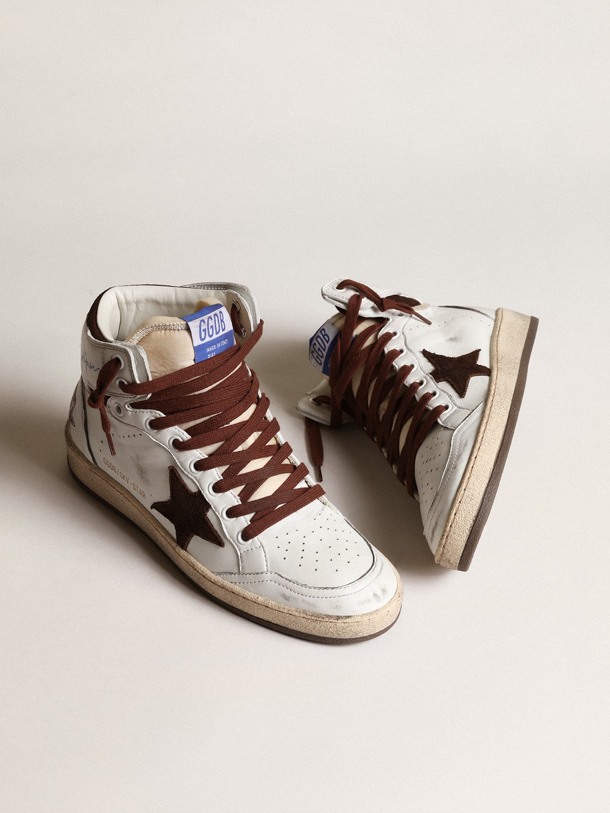 Golden Goose Women’s Sky-Star In White Nappa Leather With Chocolate Suede Star - Sneaker Türkiye