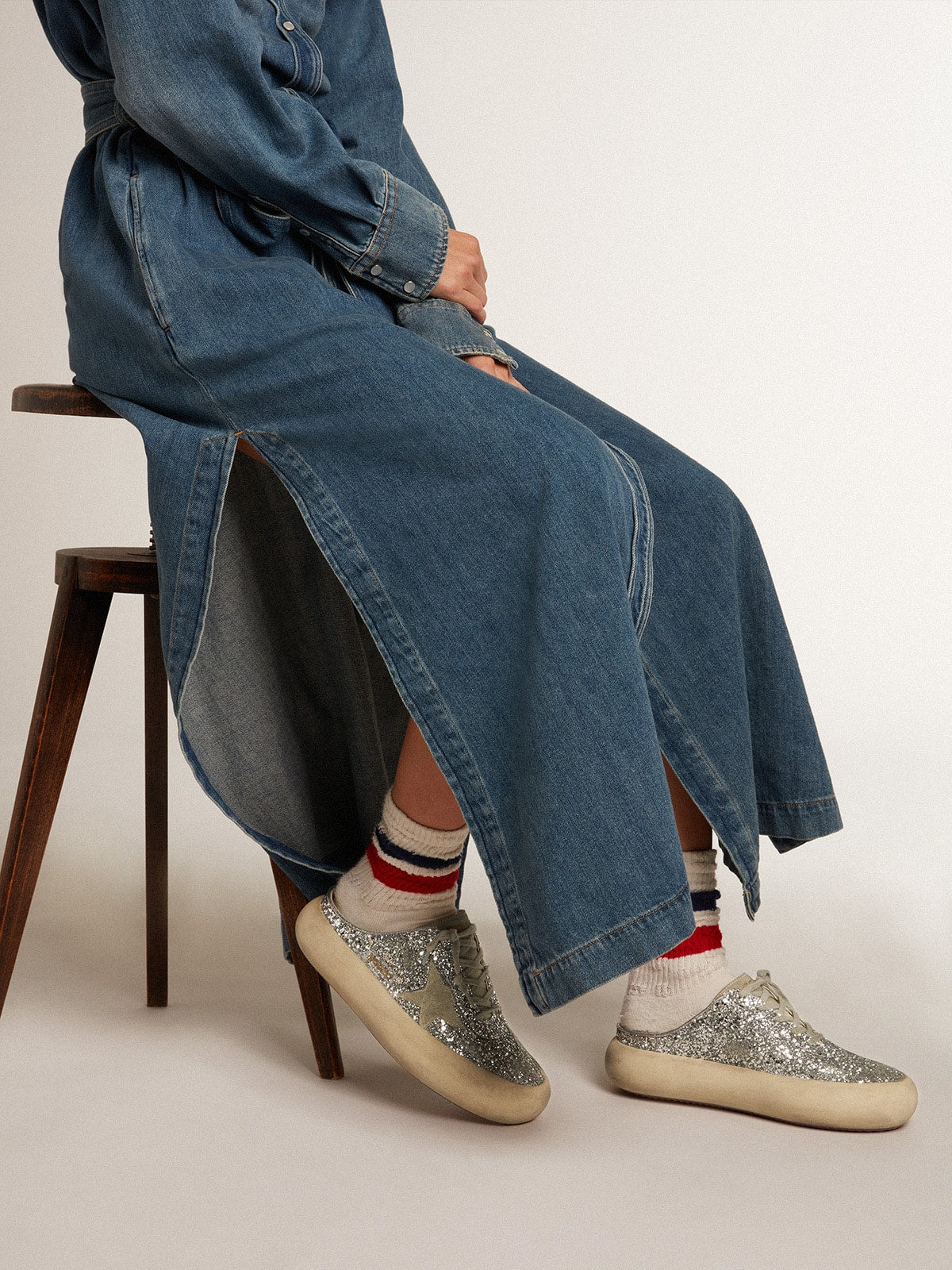 Golden Goose Women’s Space-Star Sabot In Glitter With Ice-Gray Star And Tab - Sneaker Türkiye