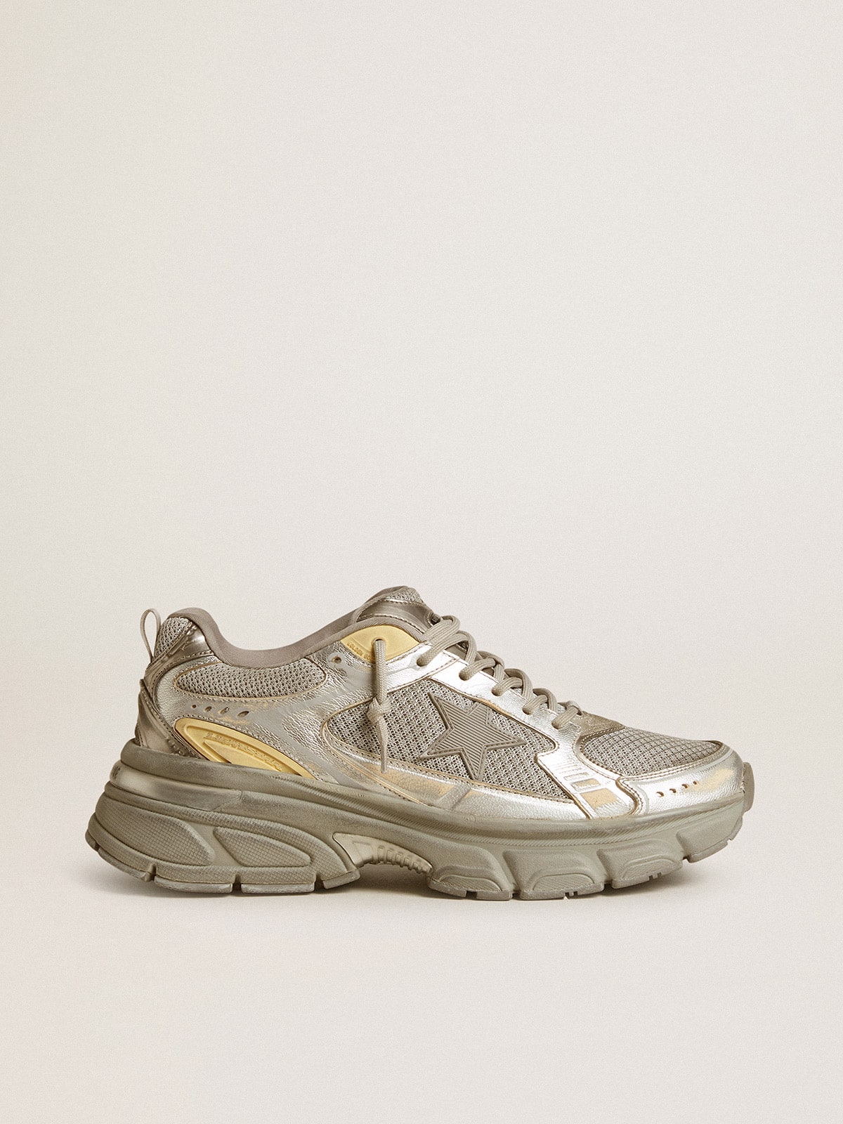 Golden Goose Women’s Lightstar In Metallic Leather And Silver Mesh With Gray Star - Sneaker Türkiye