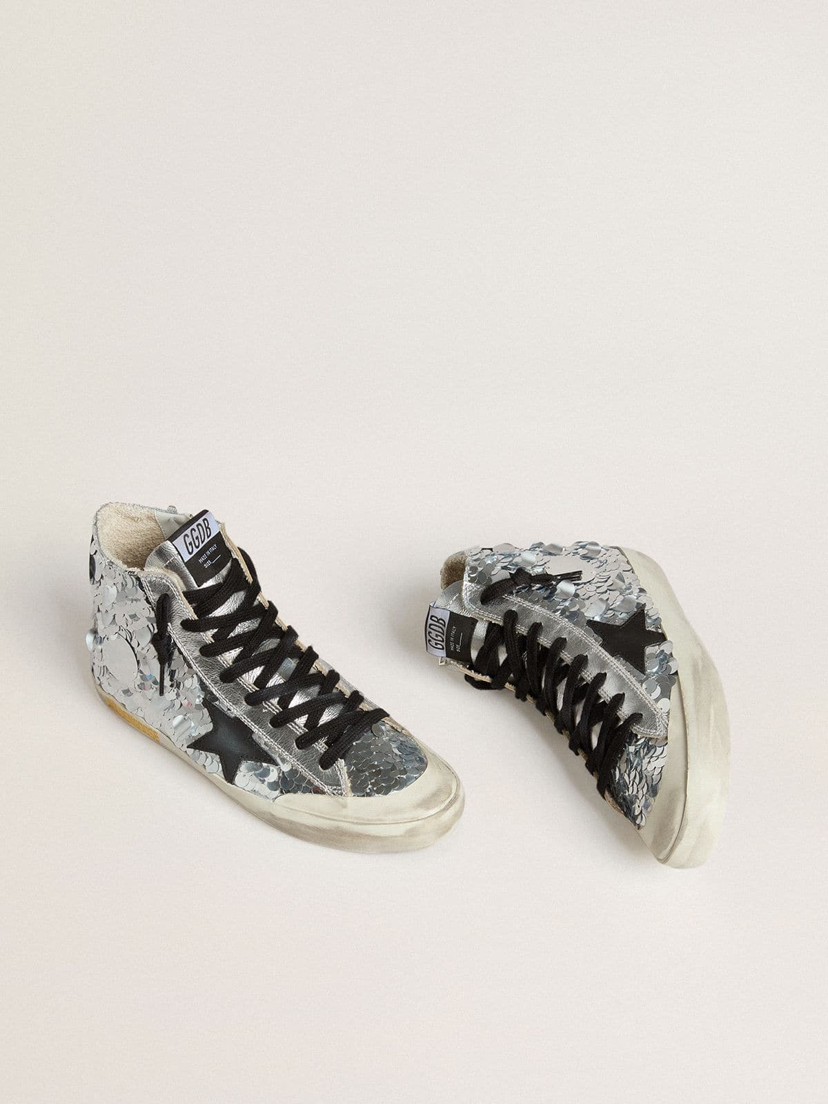 Golden Goose Women’s Francy In Nylon With All-Over Silver Sequins And Black Leather Star - Sneaker Türkiye