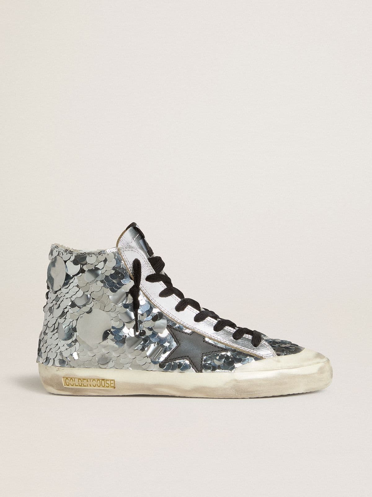 Golden Goose Women’s Francy In Nylon With All-Over Silver Sequins And Black Leather Star - Sneaker Türkiye