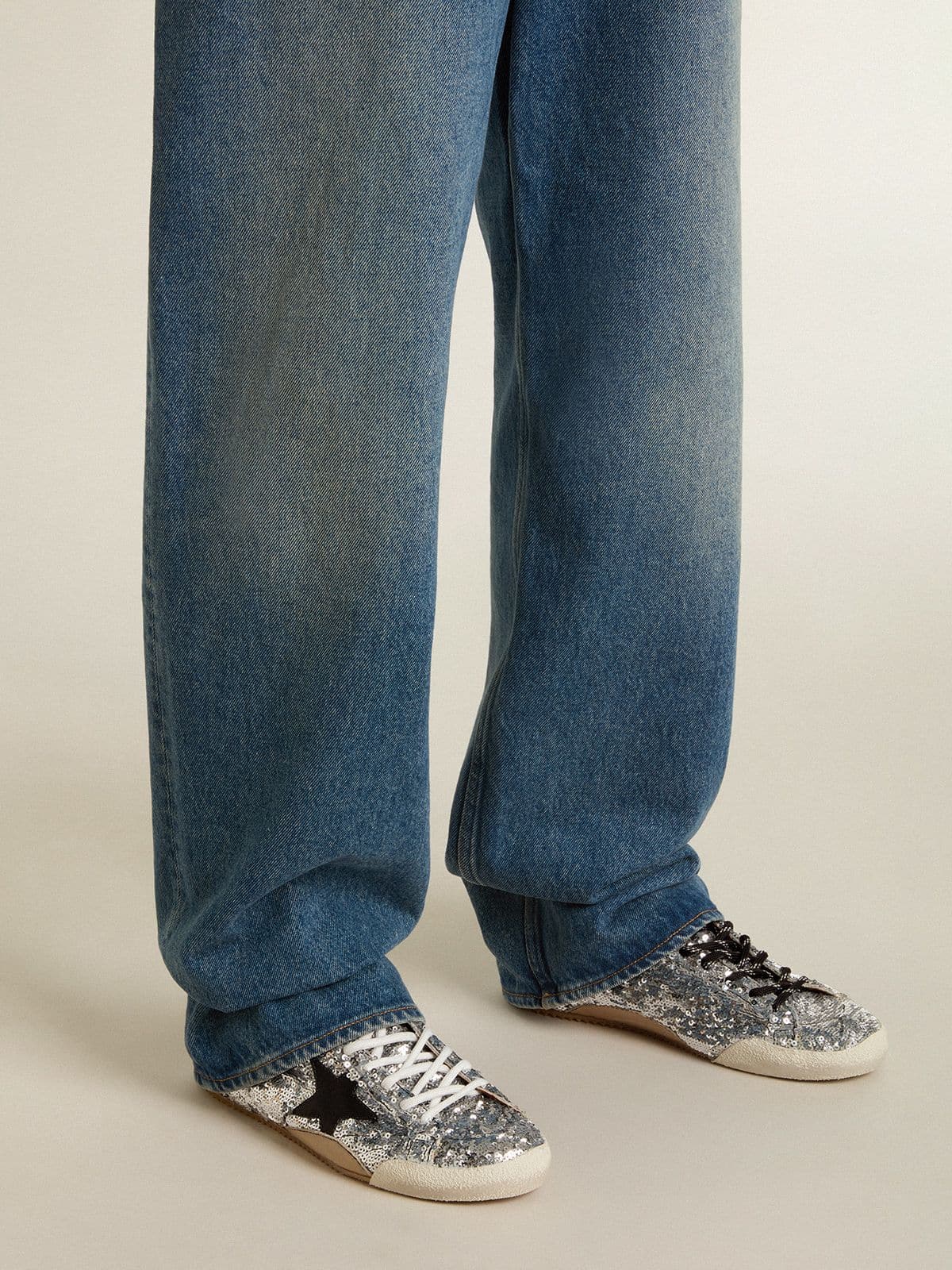 Golden Goose Women’s True-Star In Silver Sequins With Black Star And Silver Leather Heel Tab - Sneaker Türkiye