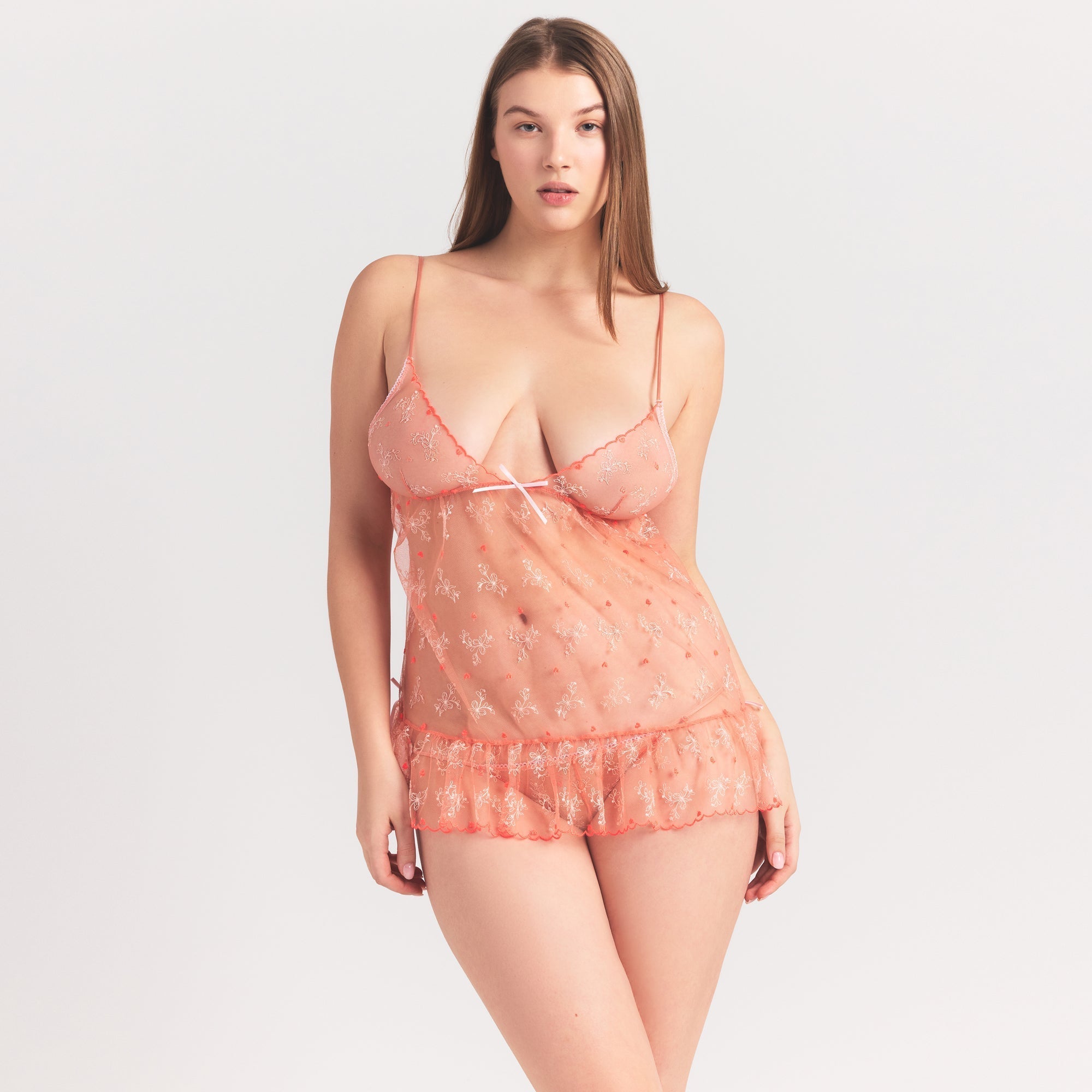 SKIMS EMBROIDERED TULLE MINI SLIP DRESS AND TANGA SET | GUAVA HEART TULLE - Sneaker Türkiye