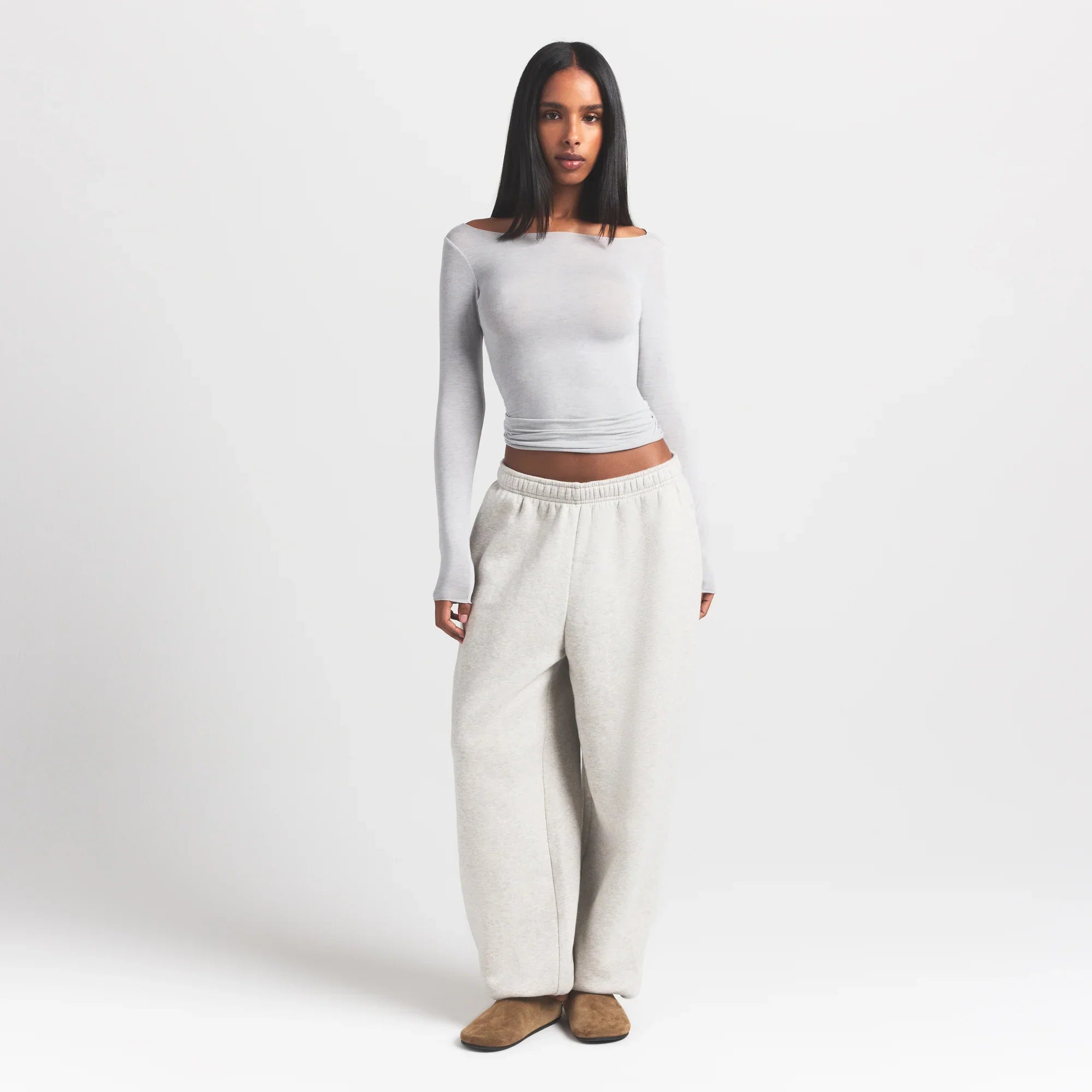 SKIMS SHEER MODAL LONG SLEEVE BOATNECK TOP | HEATHER GREY - Sneaker Türkiye