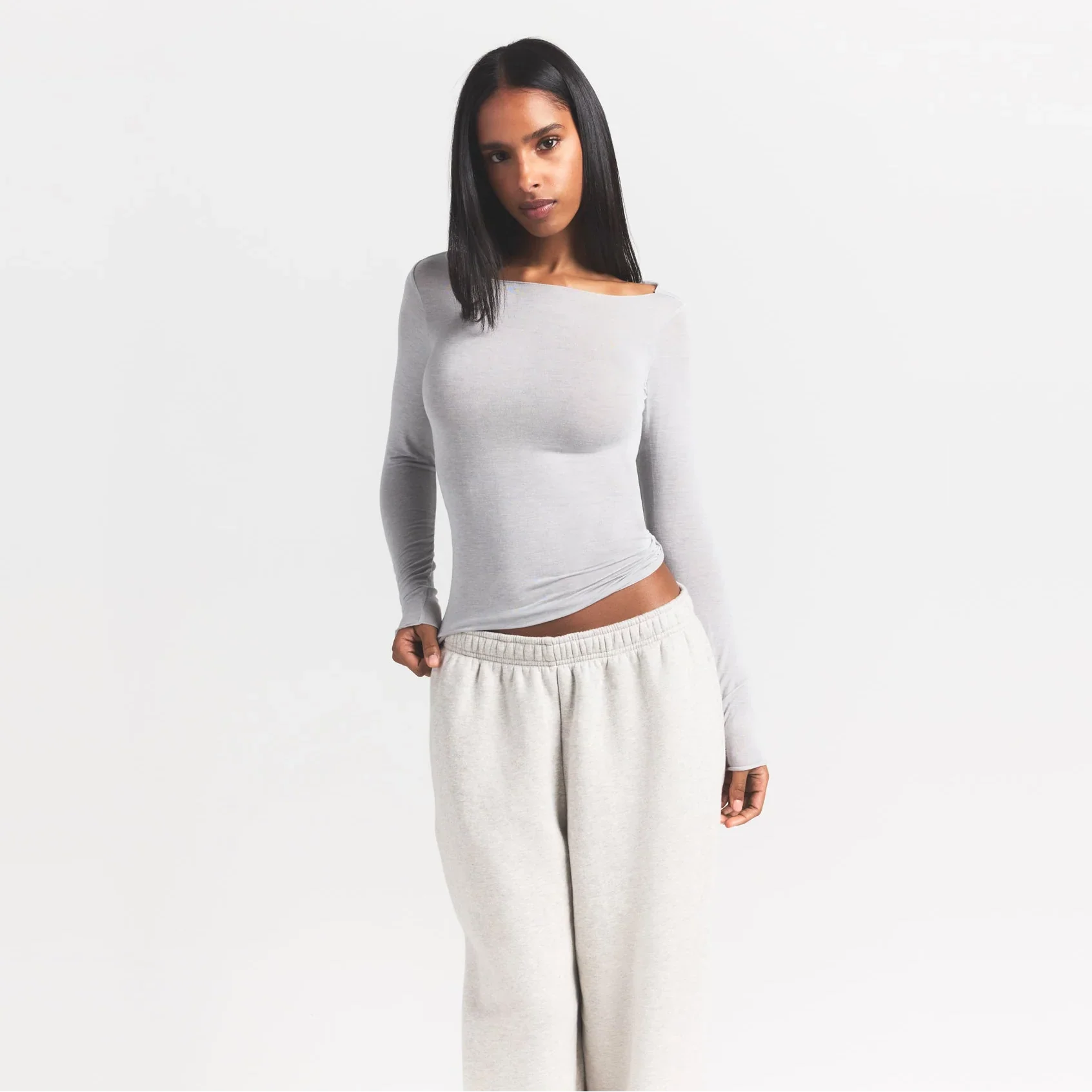 SKIMS SHEER MODAL LONG SLEEVE BOATNECK TOP | HEATHER GREY - Sneaker Türkiye
