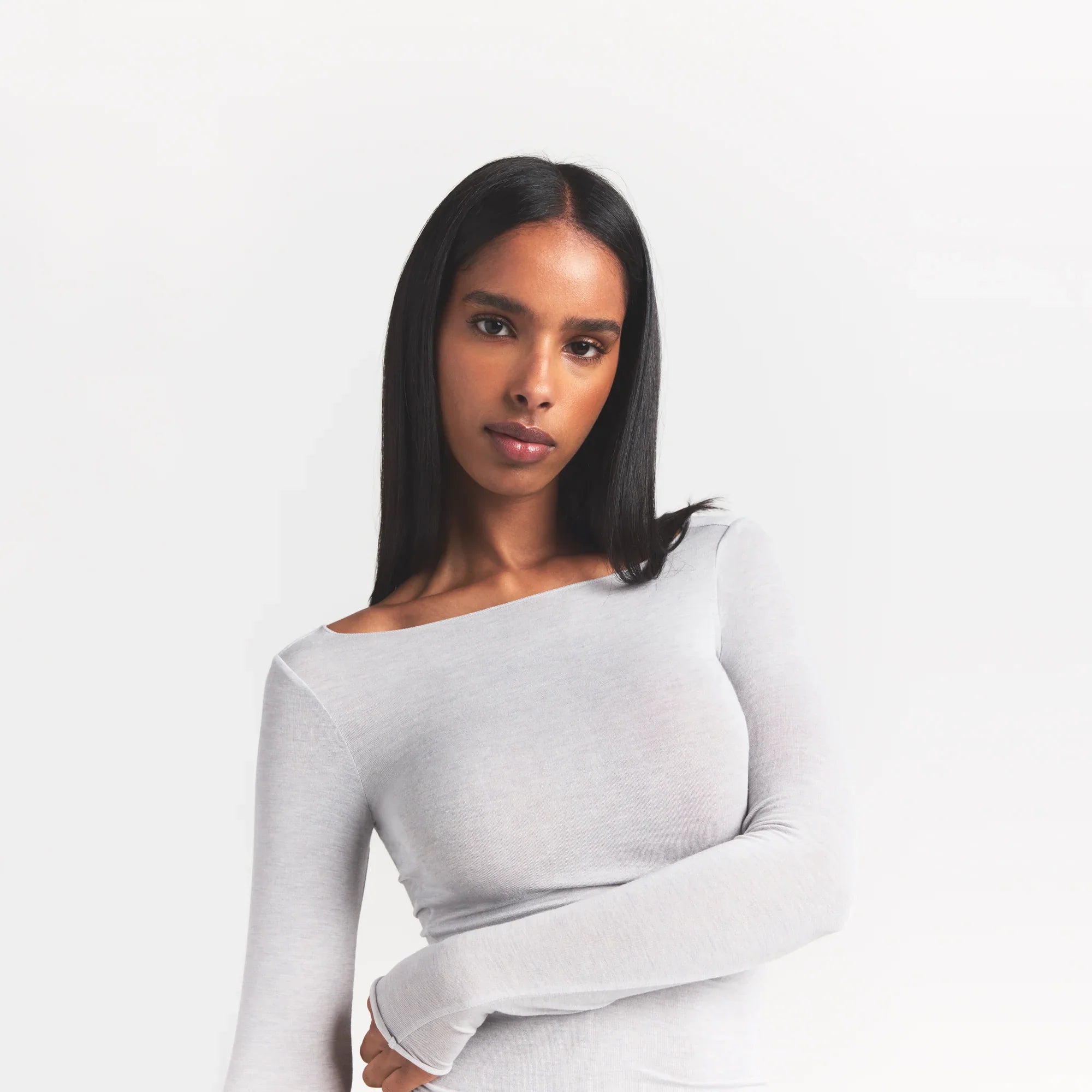 SKIMS SHEER MODAL LONG SLEEVE BOATNECK TOP | HEATHER GREY - Sneaker Türkiye
