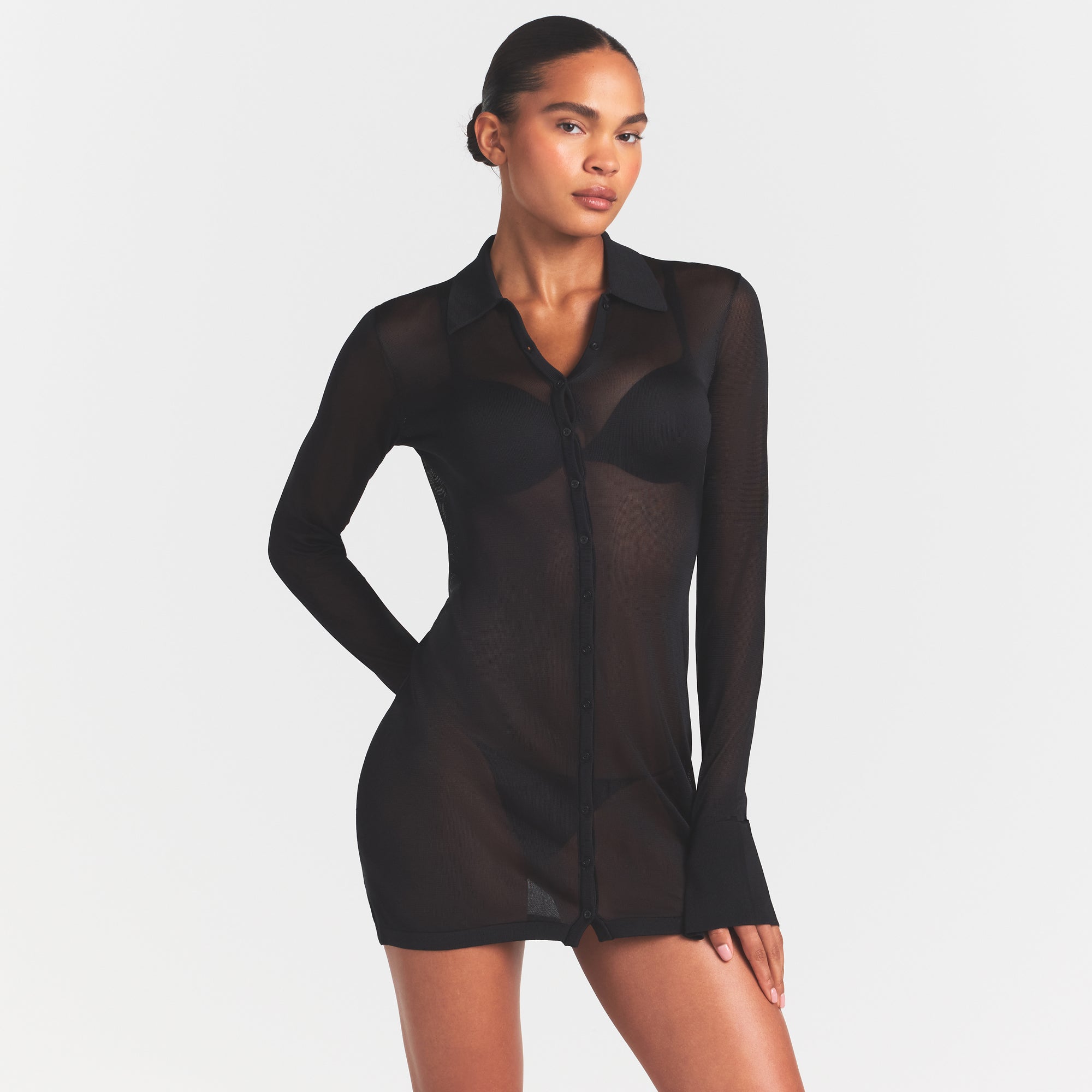 SKIMS SLINKY KNIT BUTTON DOWN MINI DRESS | OBSIDIAN - Sneaker Türkiye