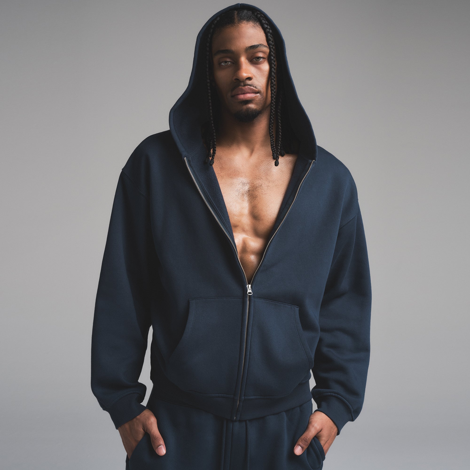 SKIMS FLEECE LOUNGE MENS RELAXED ZIP UP HOODIE | NAVY - Sneaker Türkiye
