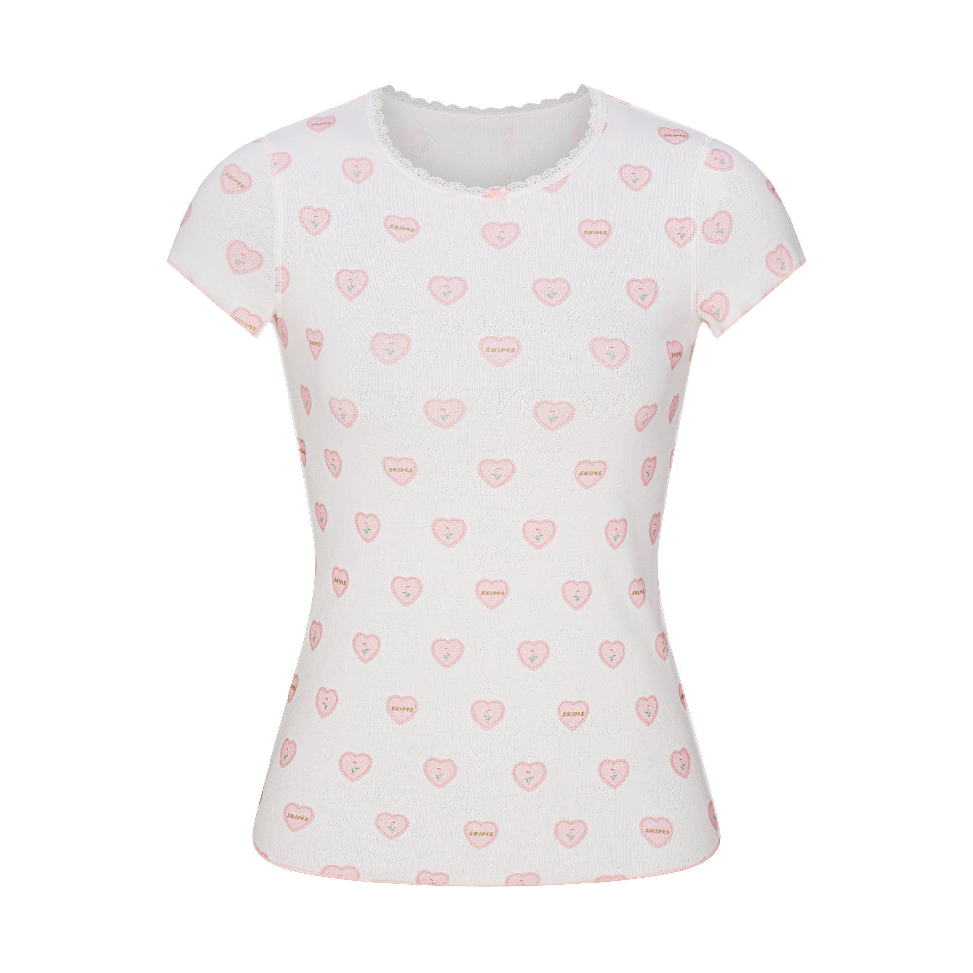 SKIMS LOGO POINTELLE BABY TEE AND MICRO SHORT SET | SNOW LACE HEARTS - Sneaker Türkiye